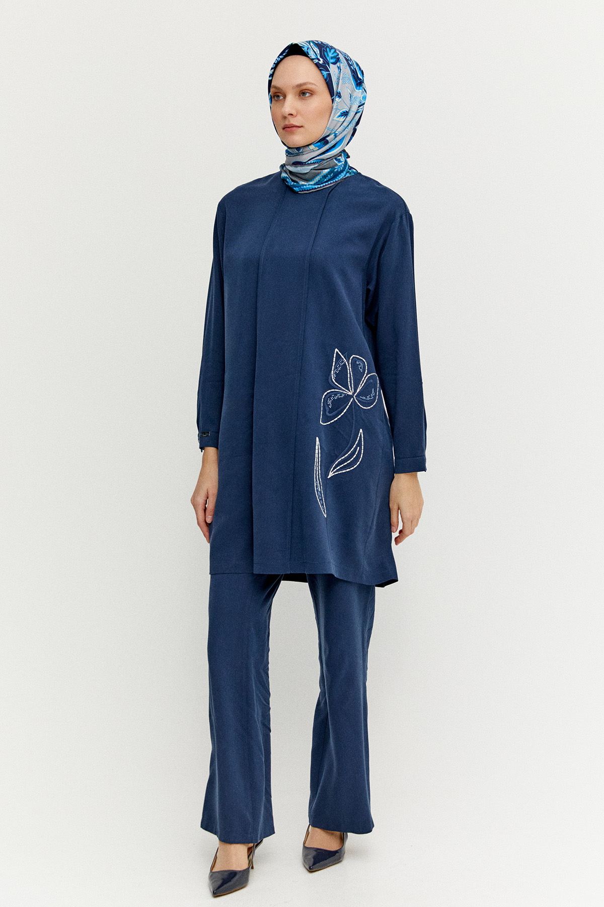 Çiçek Nakışlı Nervürlü İkili Takım, Tesettür Giyim