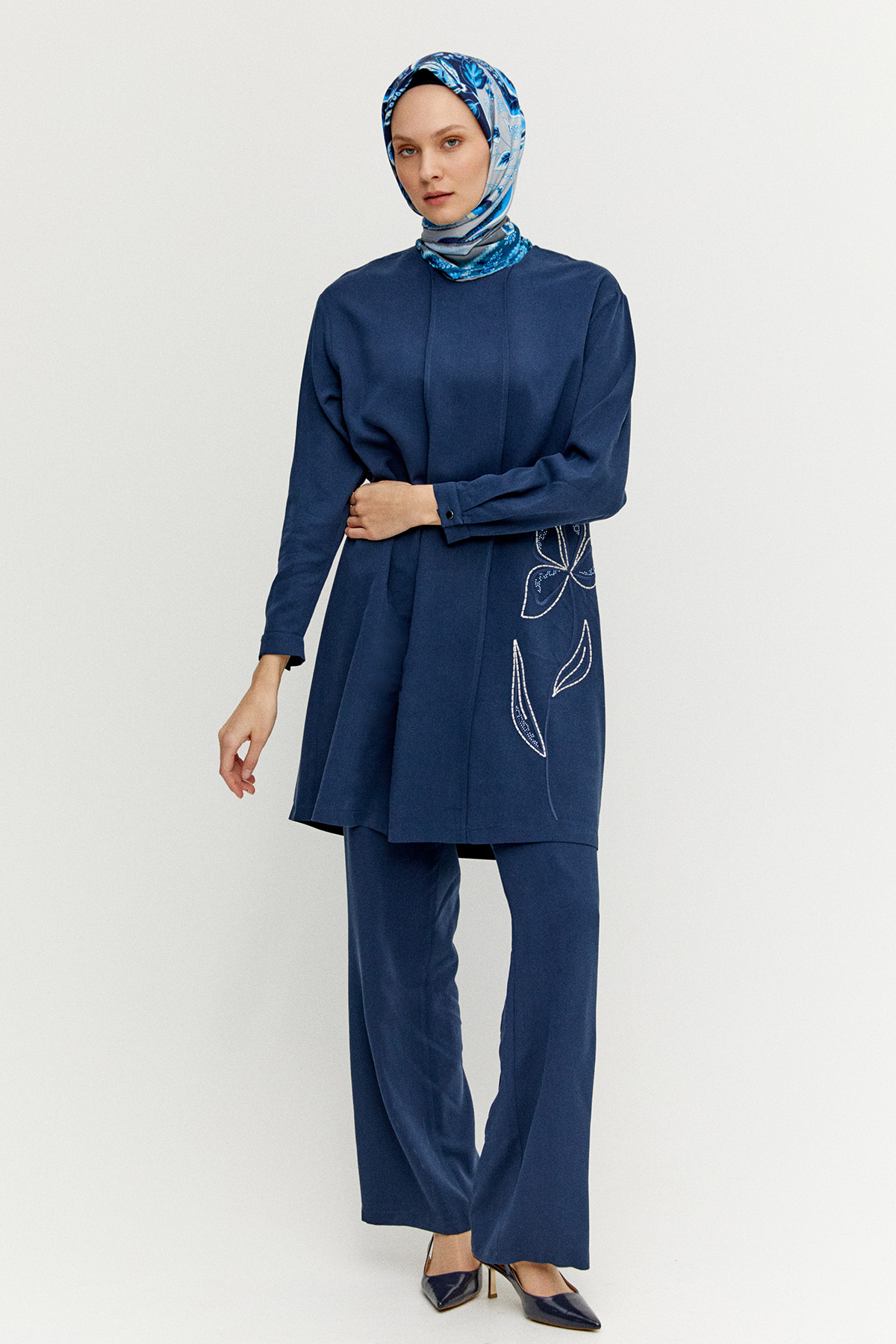 Çiçek Nakışlı Nervürlü İkili Takım, Tesettür Giyim