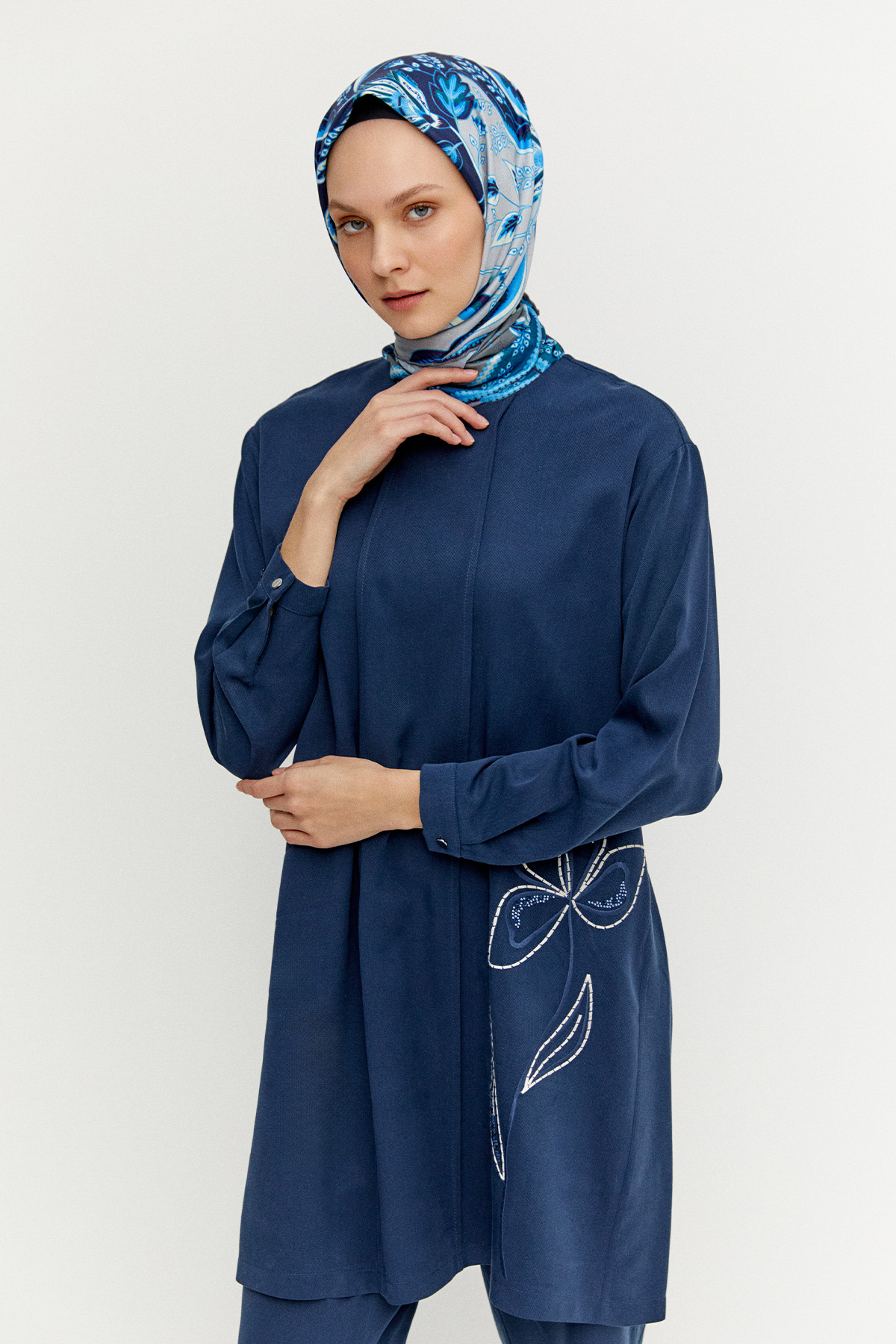 Çiçek Nakışlı Nervürlü İkili Takım, Tesettür Giyim