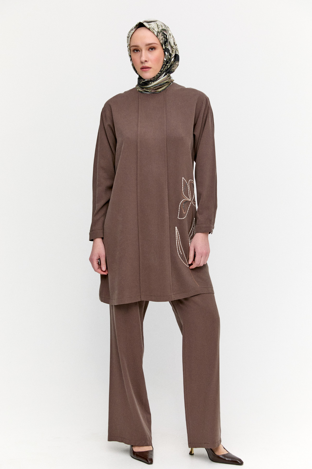 Çiçek Nakışlı Nervürlü İkili Takım, Tesettür Giyim