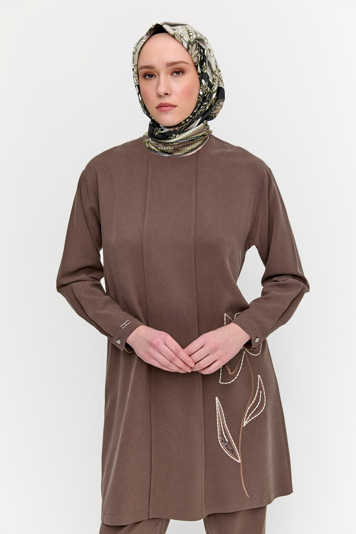 Çiçek Nakışlı Nervürlü İkili Takım, Tesettür Giyim