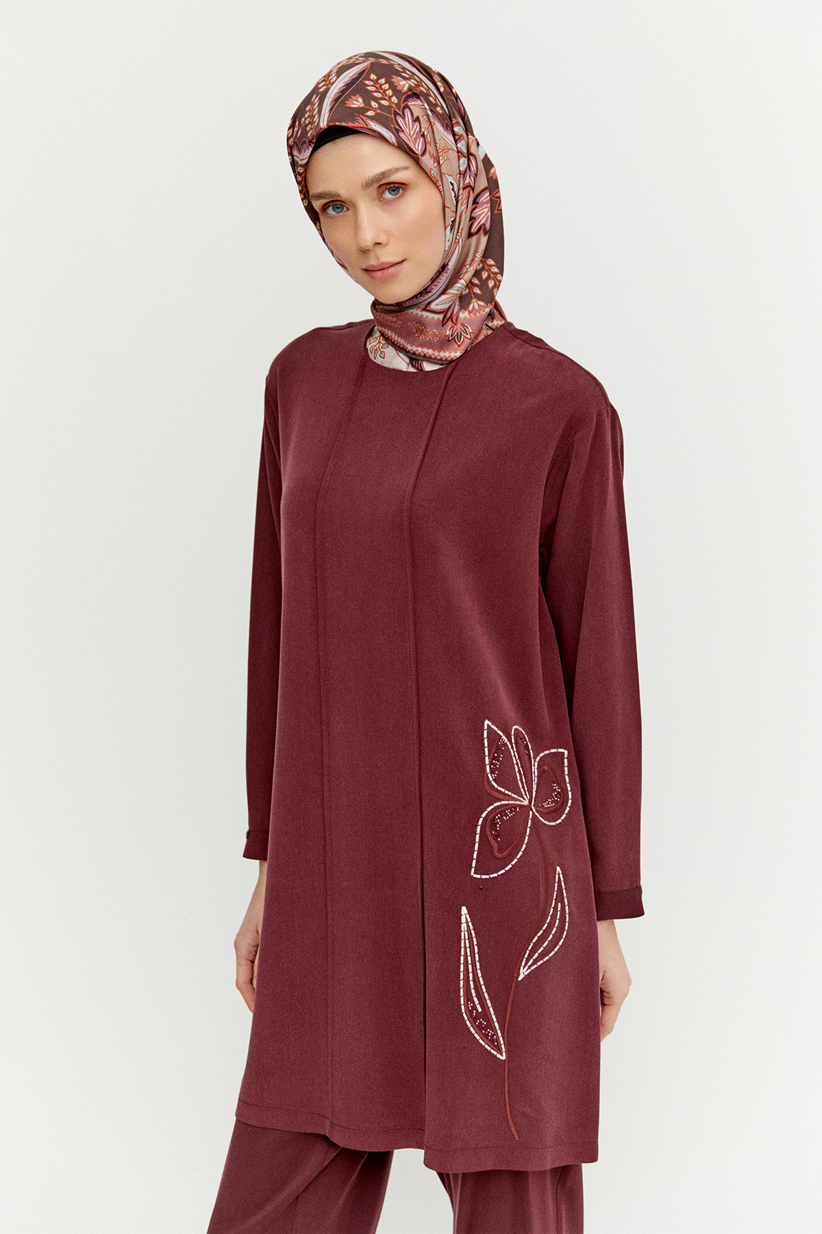 Çiçek Nakışlı Nervürlü İkili Takım, Tesettür Giyim