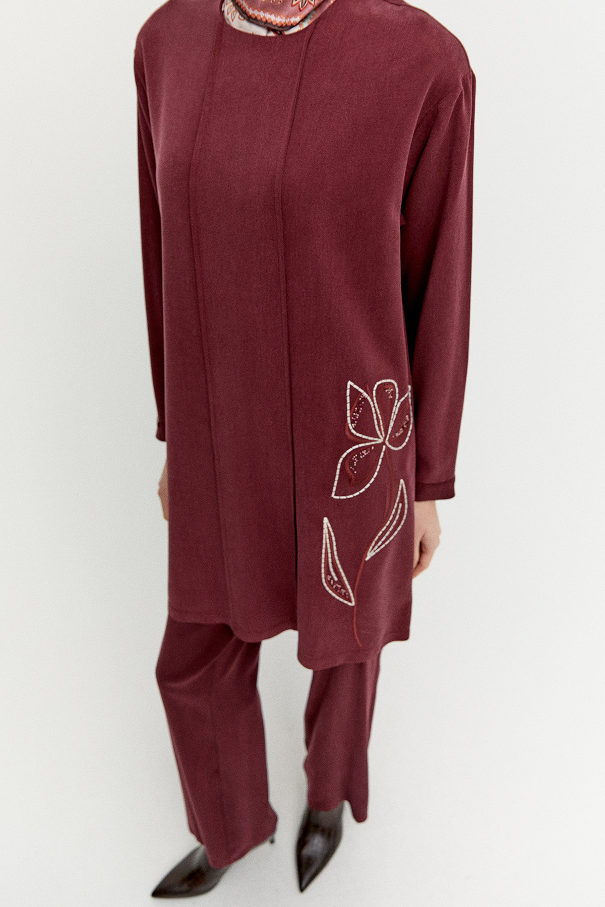 Çiçek Nakışlı Nervürlü İkili Takım, Tesettür Giyim