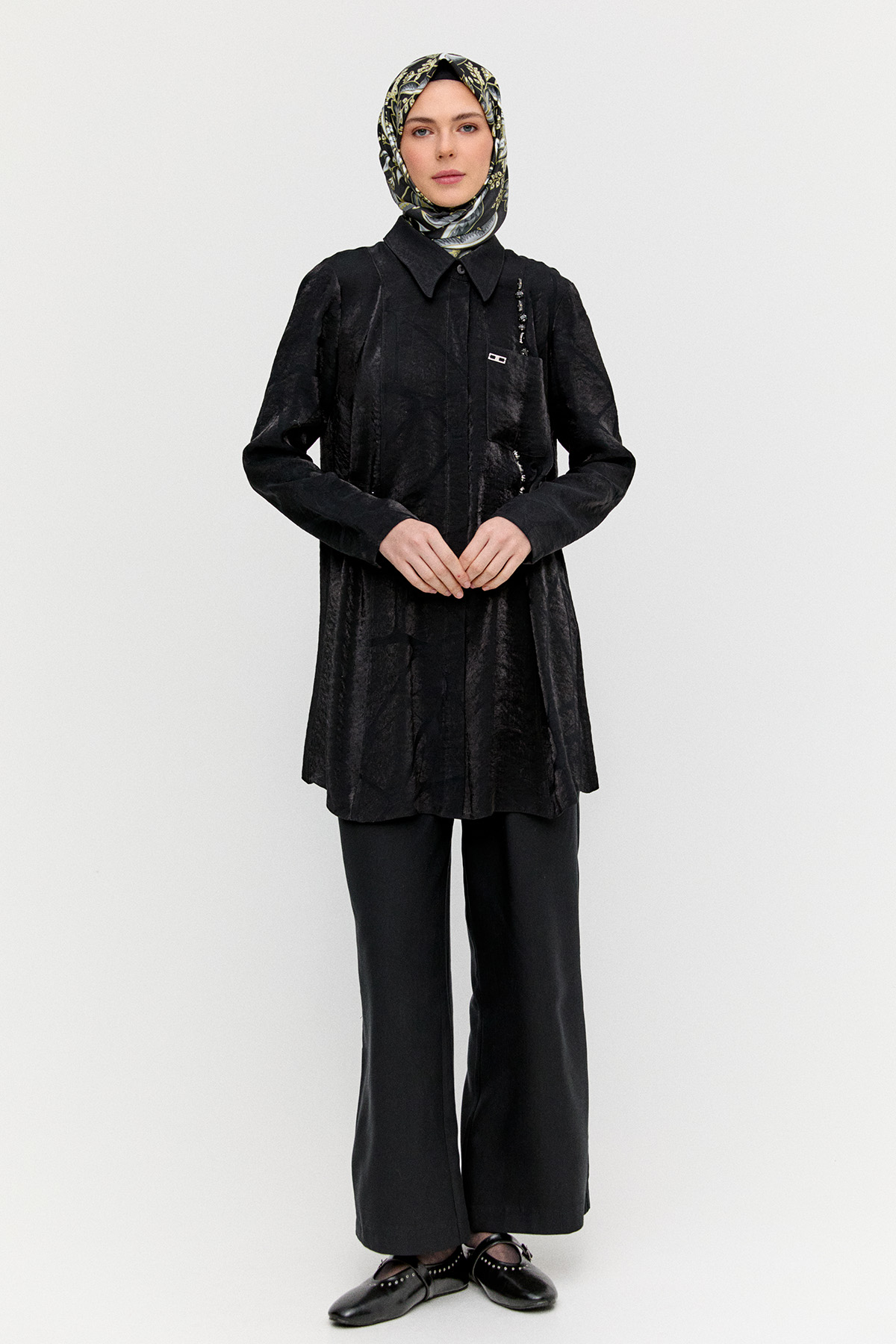 Jakarlı Taş İşlemeli Lyocell Tunik, Tesettür Giyim