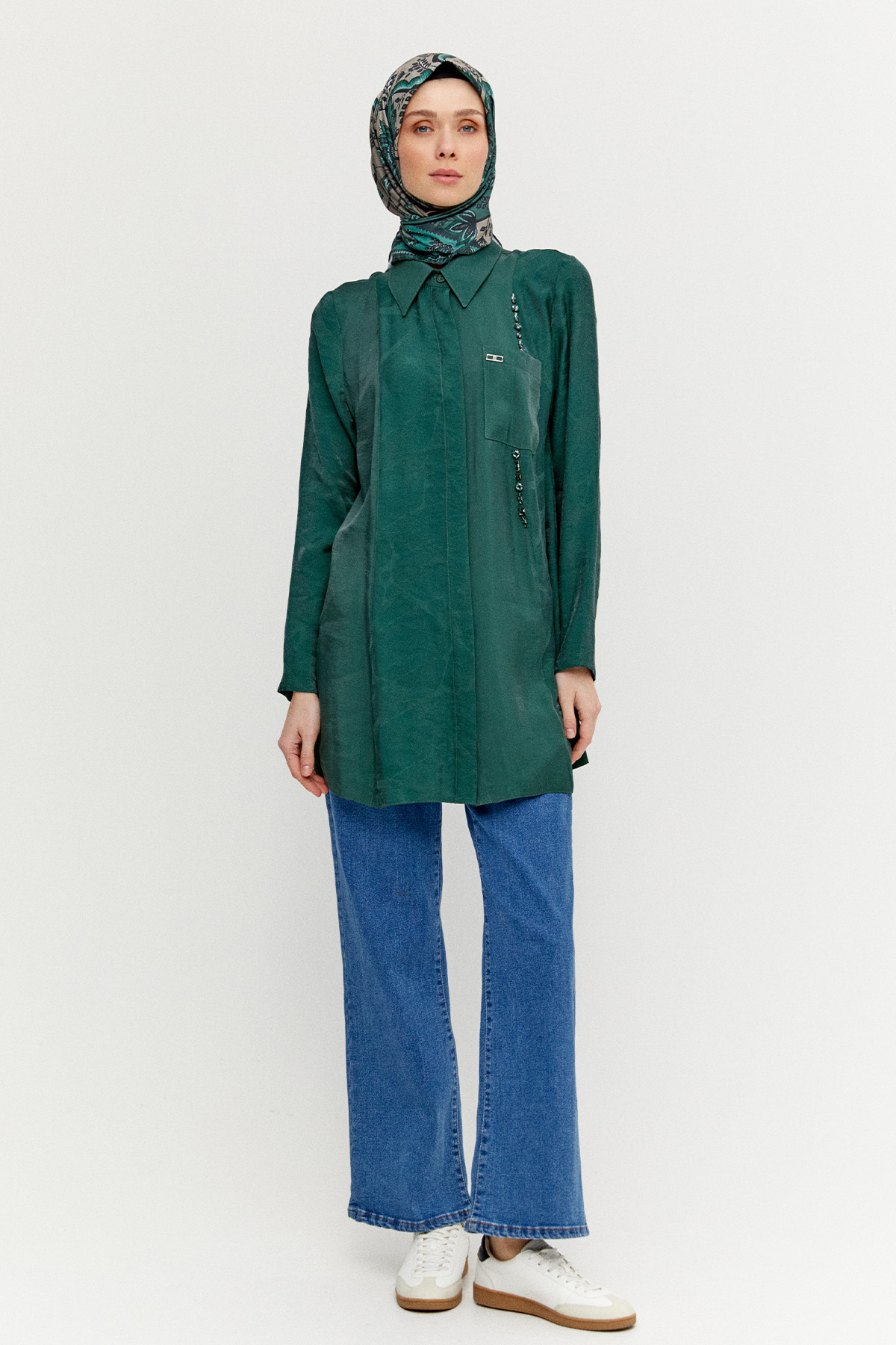 Jakarlı Taş İşlemeli Lyocell Tunik