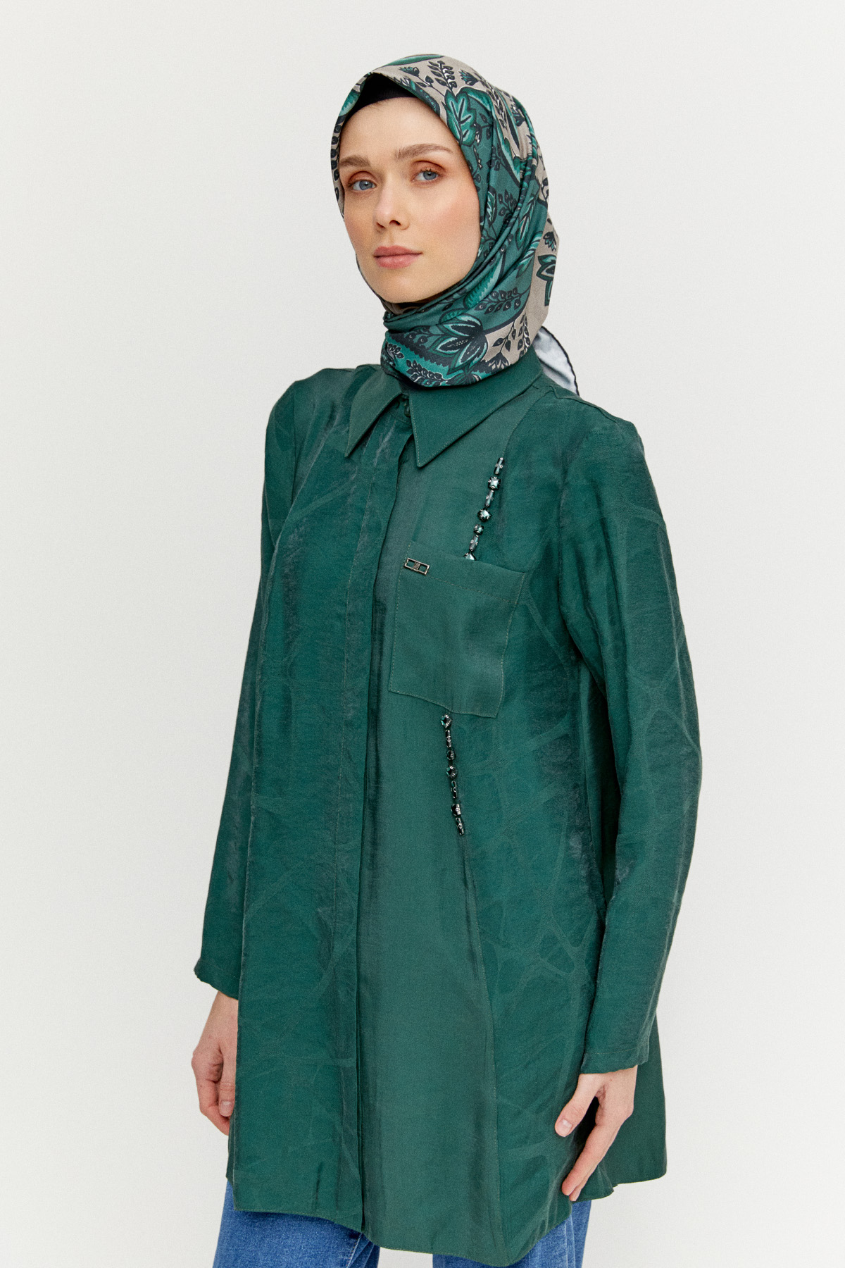 Jakarlı Taş İşlemeli Lyocell Tunik