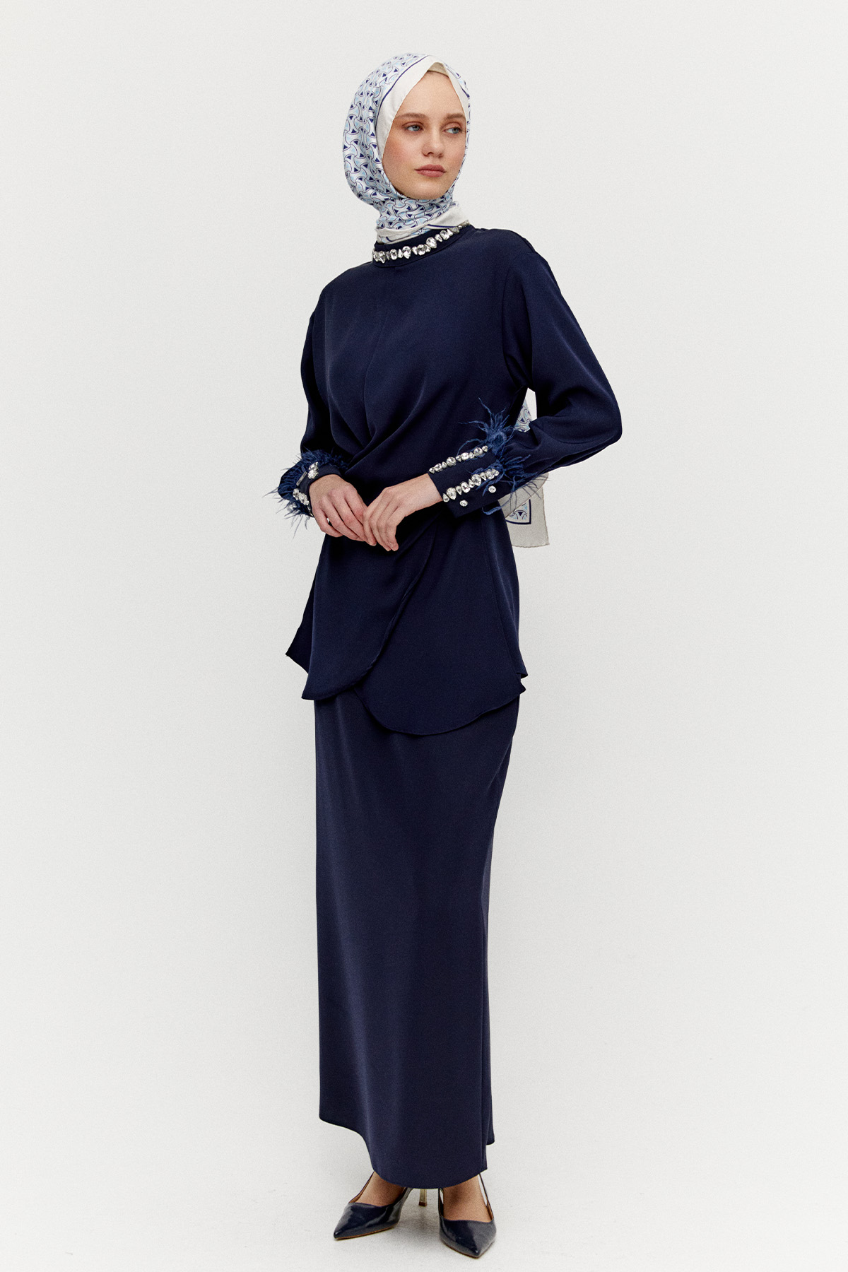 Taşlı Tunik Etekli Krep İkili Takım