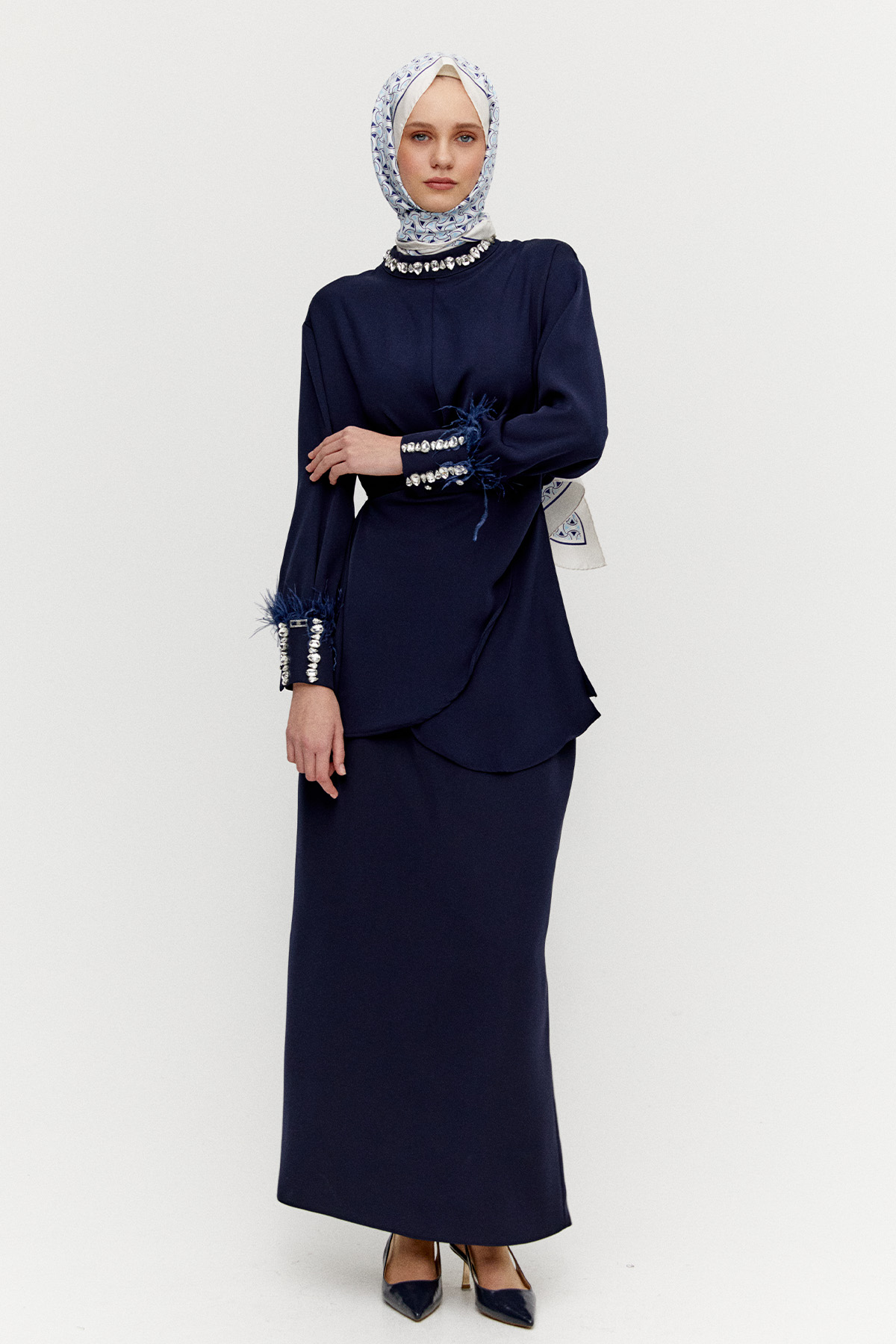 Taşlı Tunik Etekli Krep İkili Takım