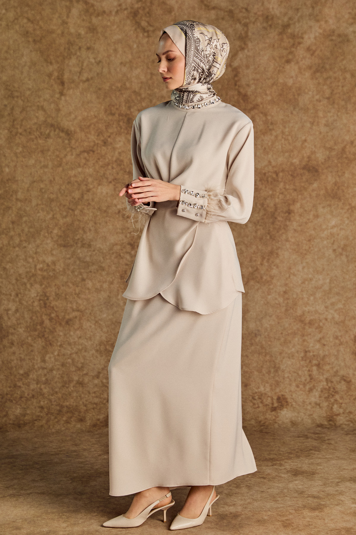 Taşlı Tunik Etekli Krep İkili Takım