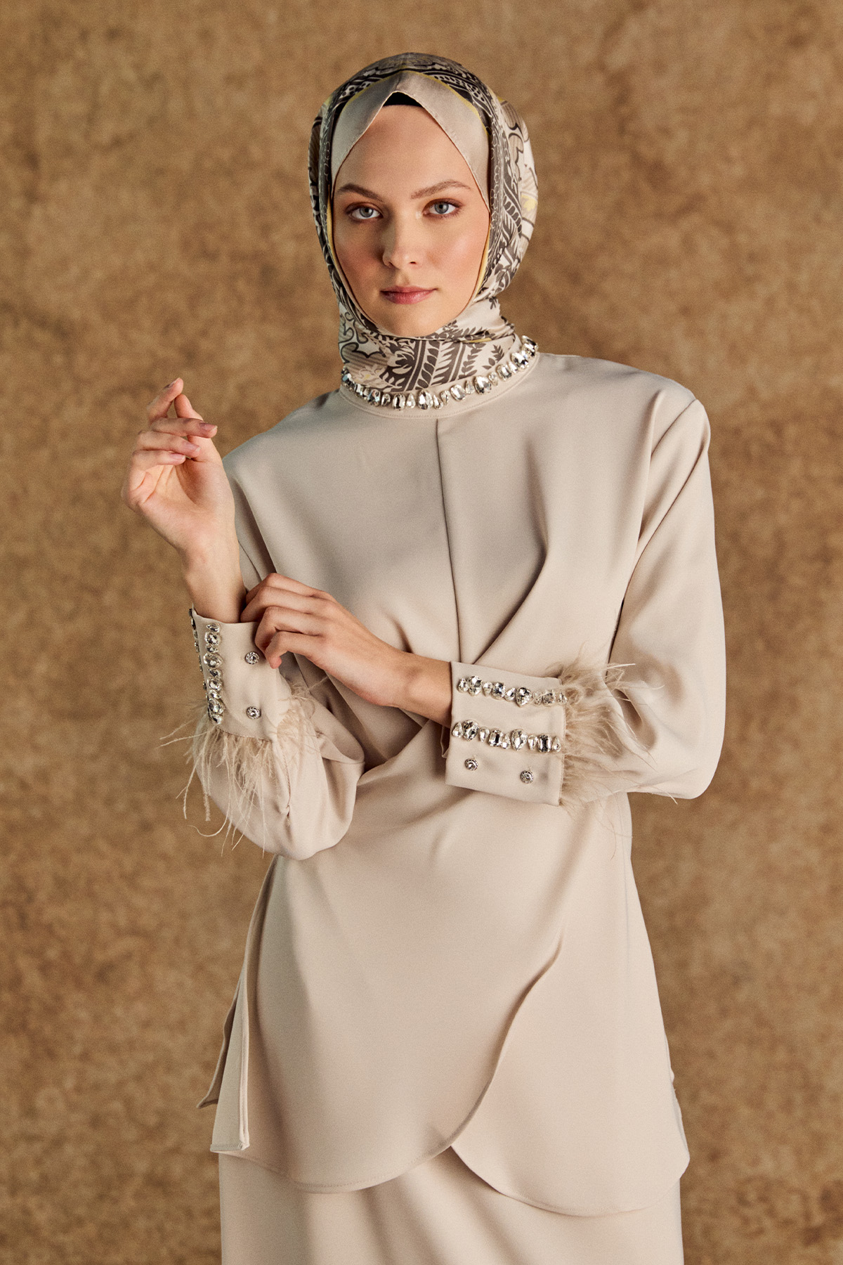 Taşlı Tunik Etekli Krep İkili Takım