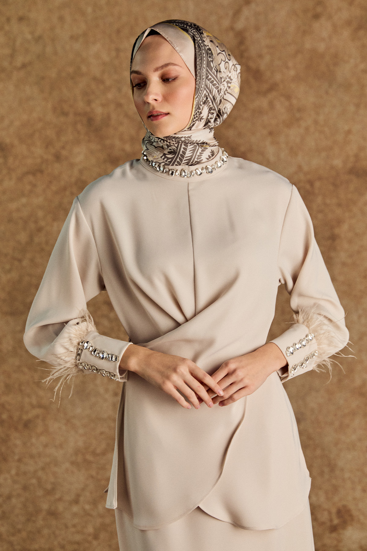 Taşlı Tunik Etekli Krep İkili Takım