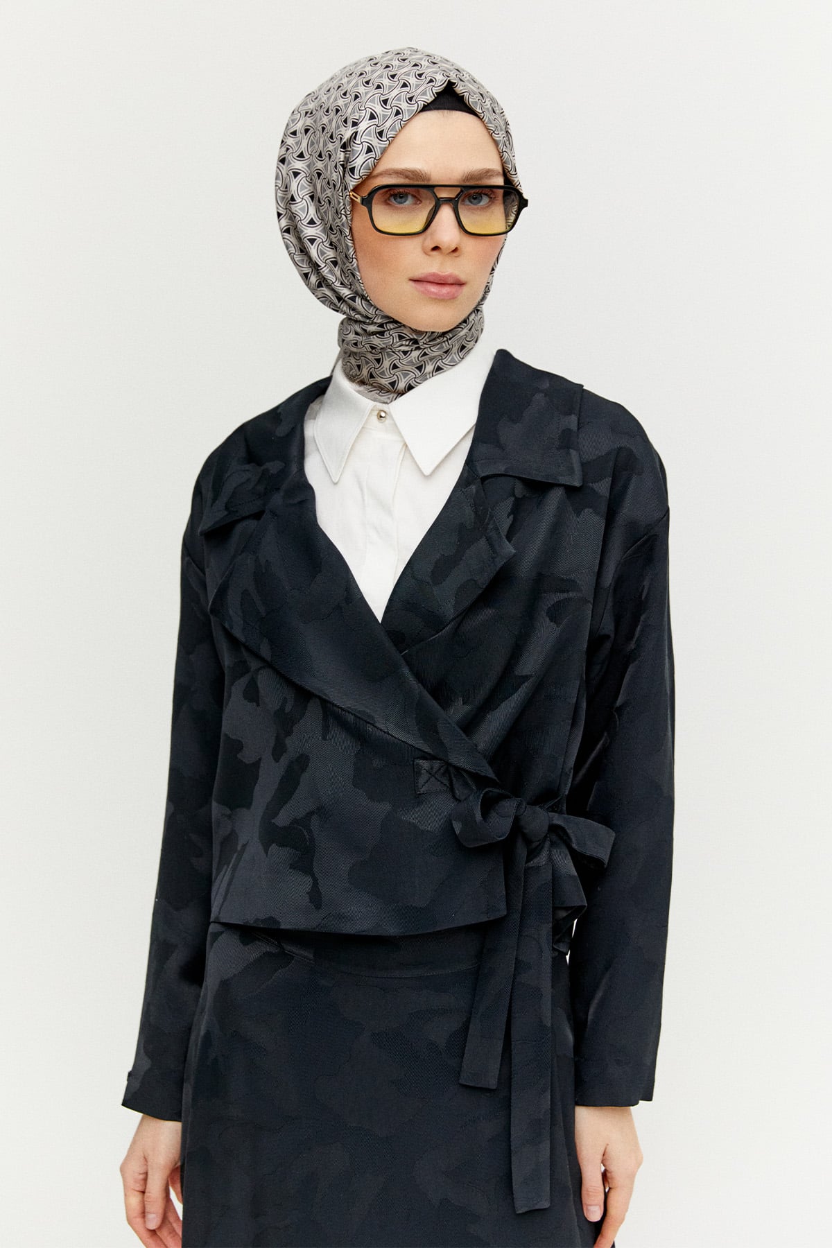 Kruvaze Ceket Çan Etekli Jakarlı Takım