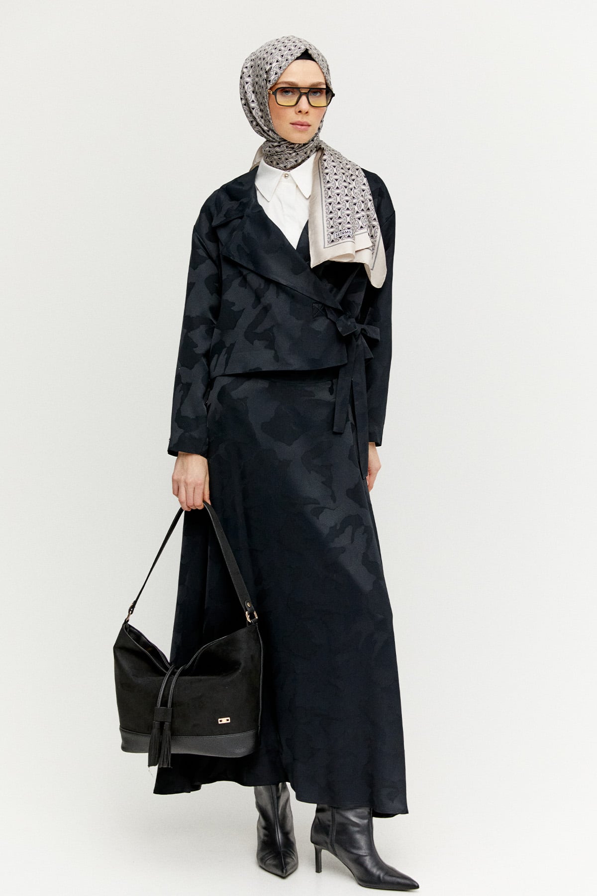 Kruvaze Ceket Çan Etekli Jakarlı Takım