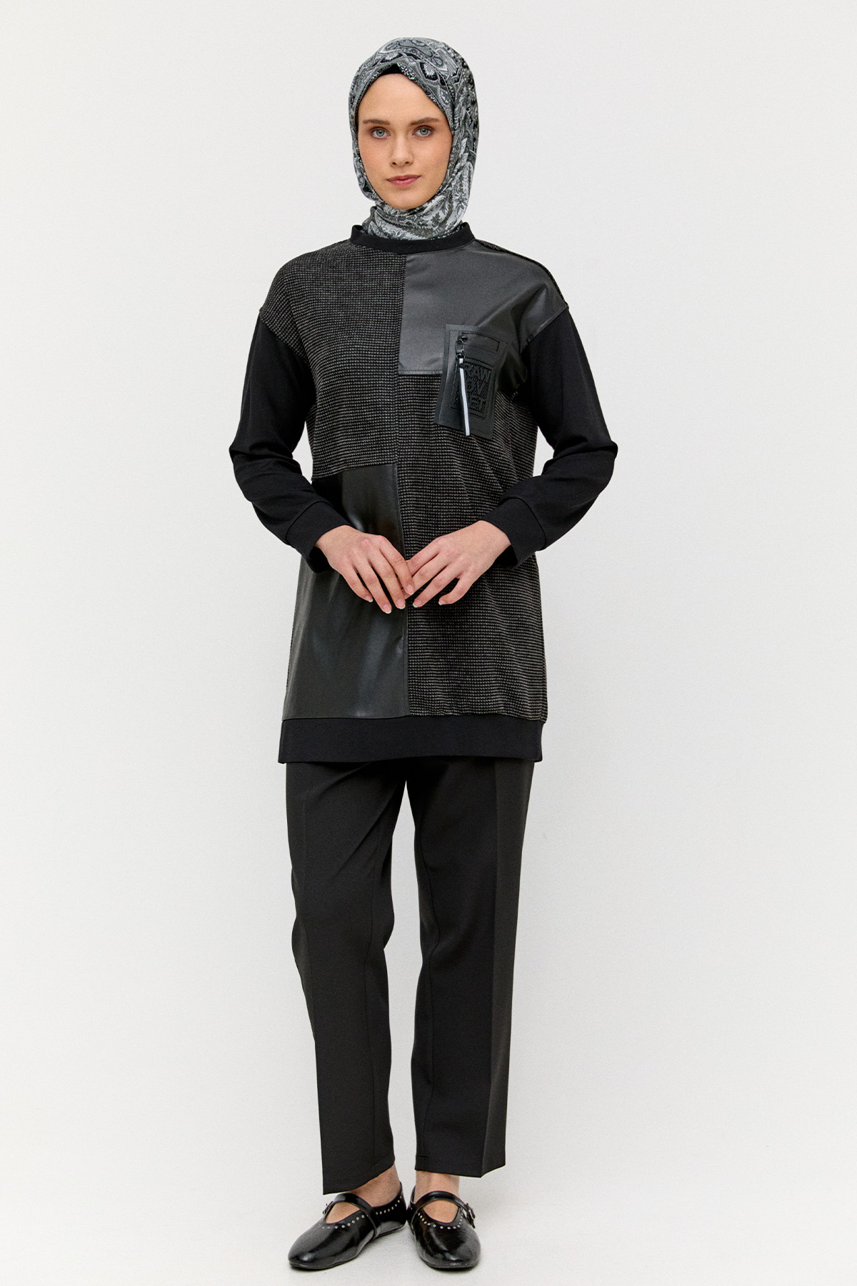 Deri Parçalı Fileli Tunik, Tesettür Giyim