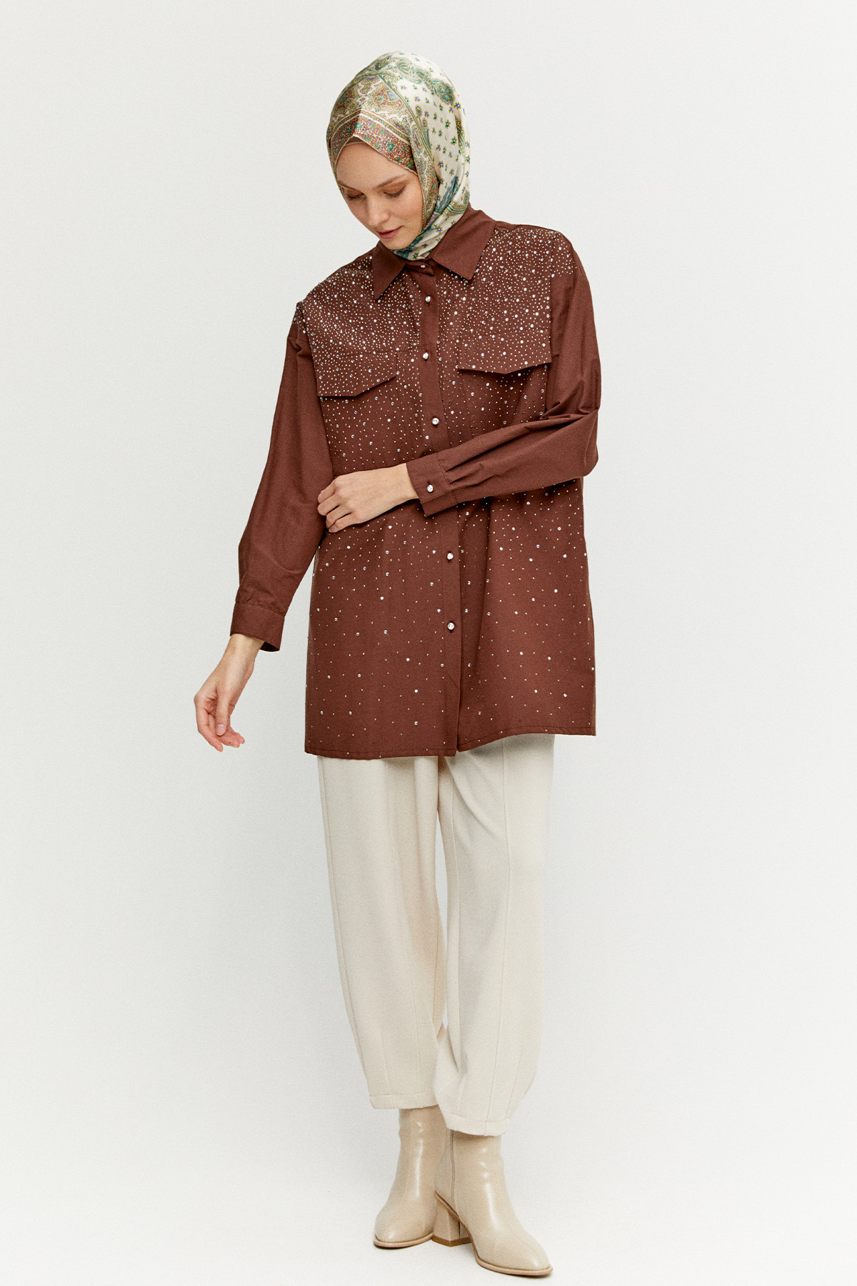 Taş Detaylı Çift Cepli Poplin Tunik