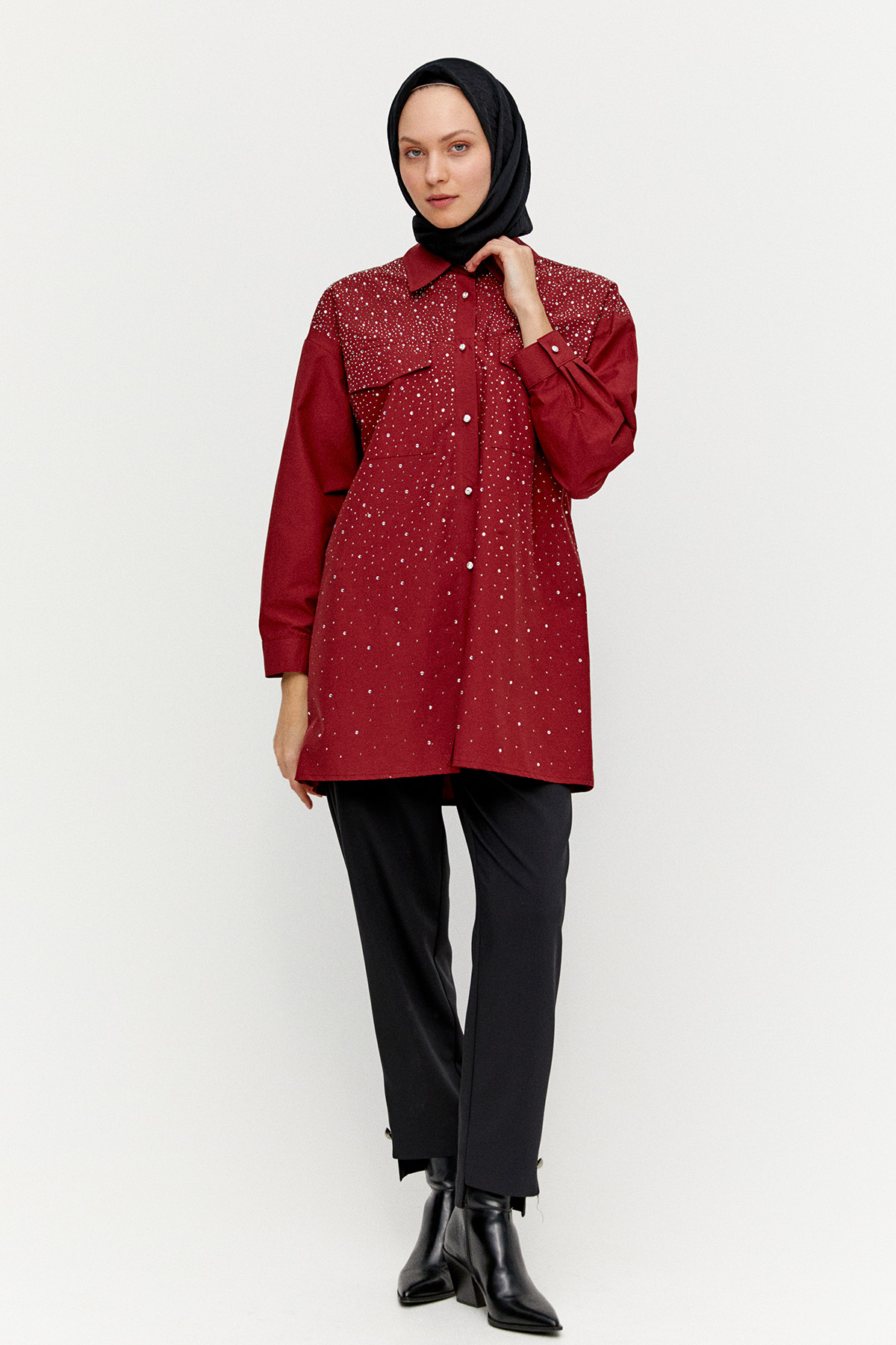 Taş Detaylı Çift Cepli Poplin Tunik