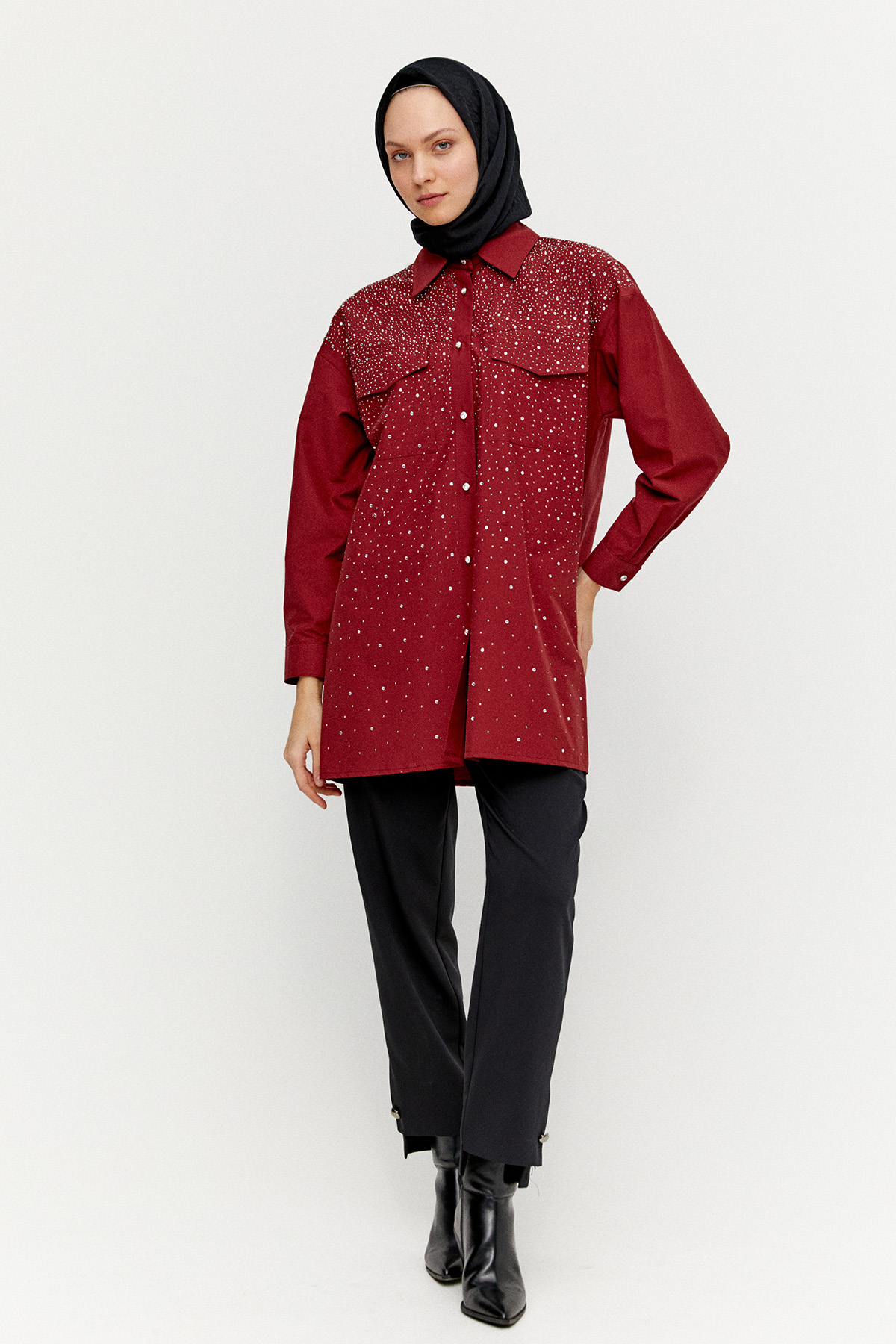 Taş Detaylı Çift Cepli Poplin Tunik