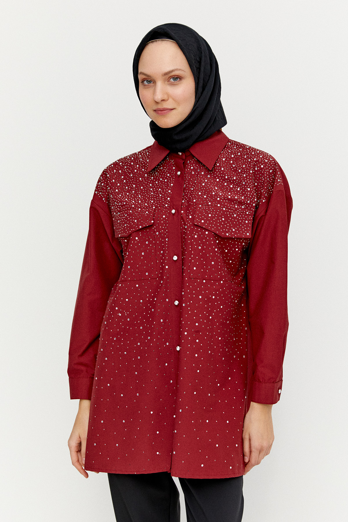 Taş Detaylı Çift Cepli Poplin Tunik