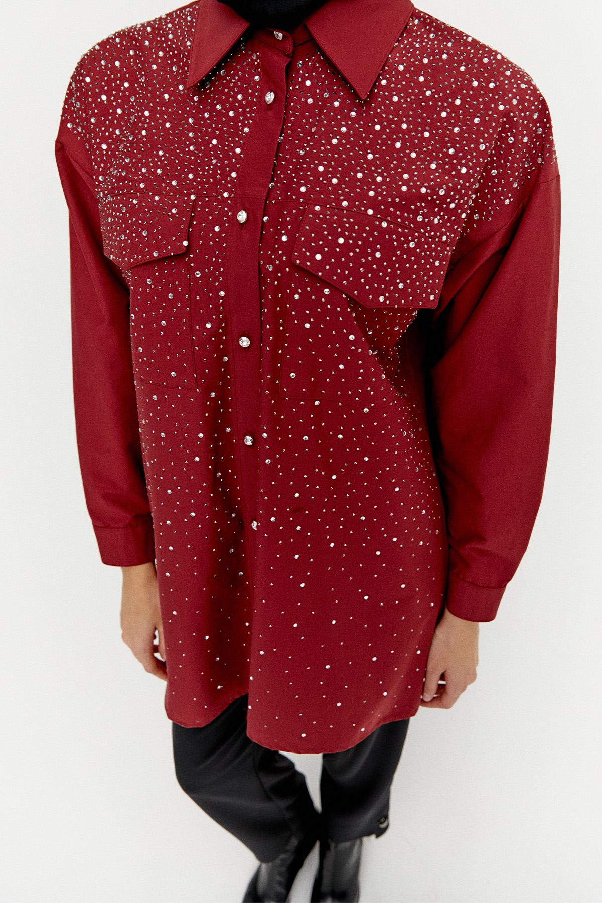 Taş Detaylı Çift Cepli Poplin Tunik