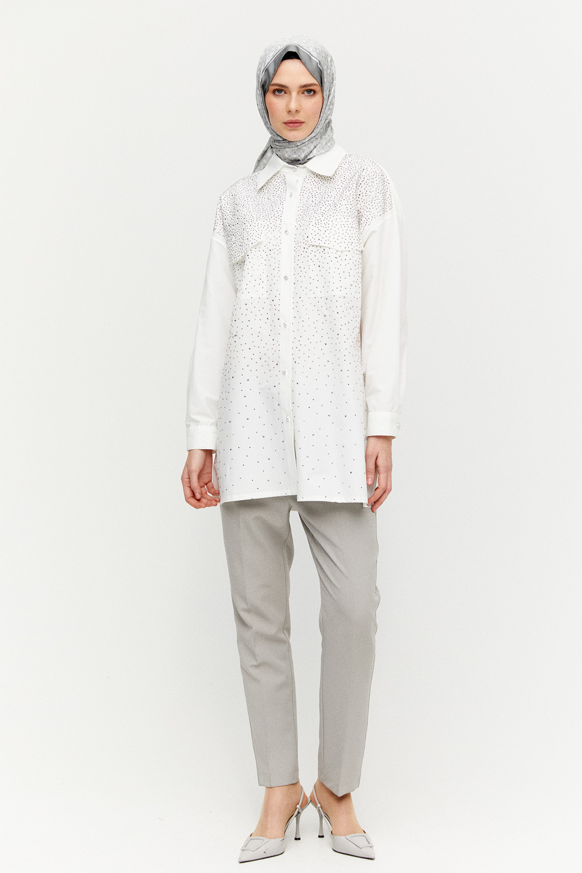 Taş Detaylı Çift Cepli Poplin Tunik