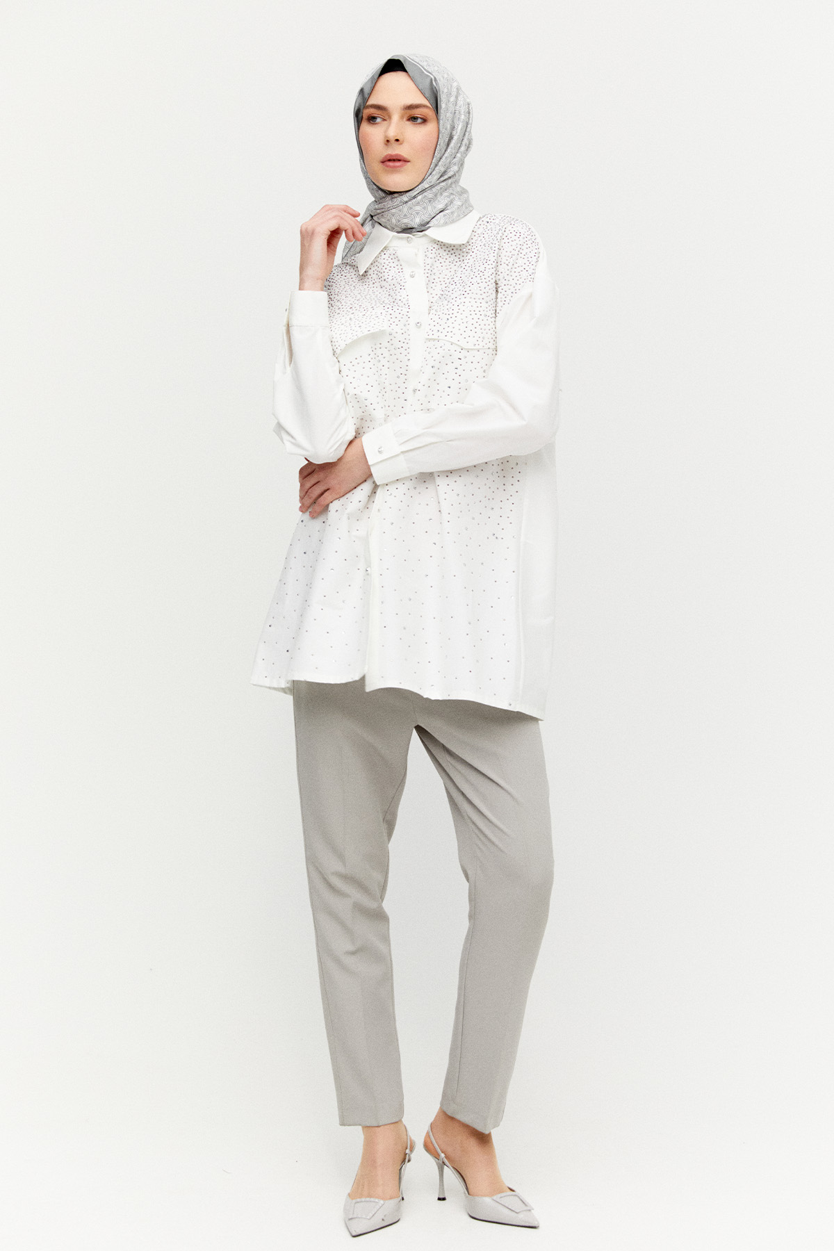 Taş Detaylı Çift Cepli Poplin Tunik