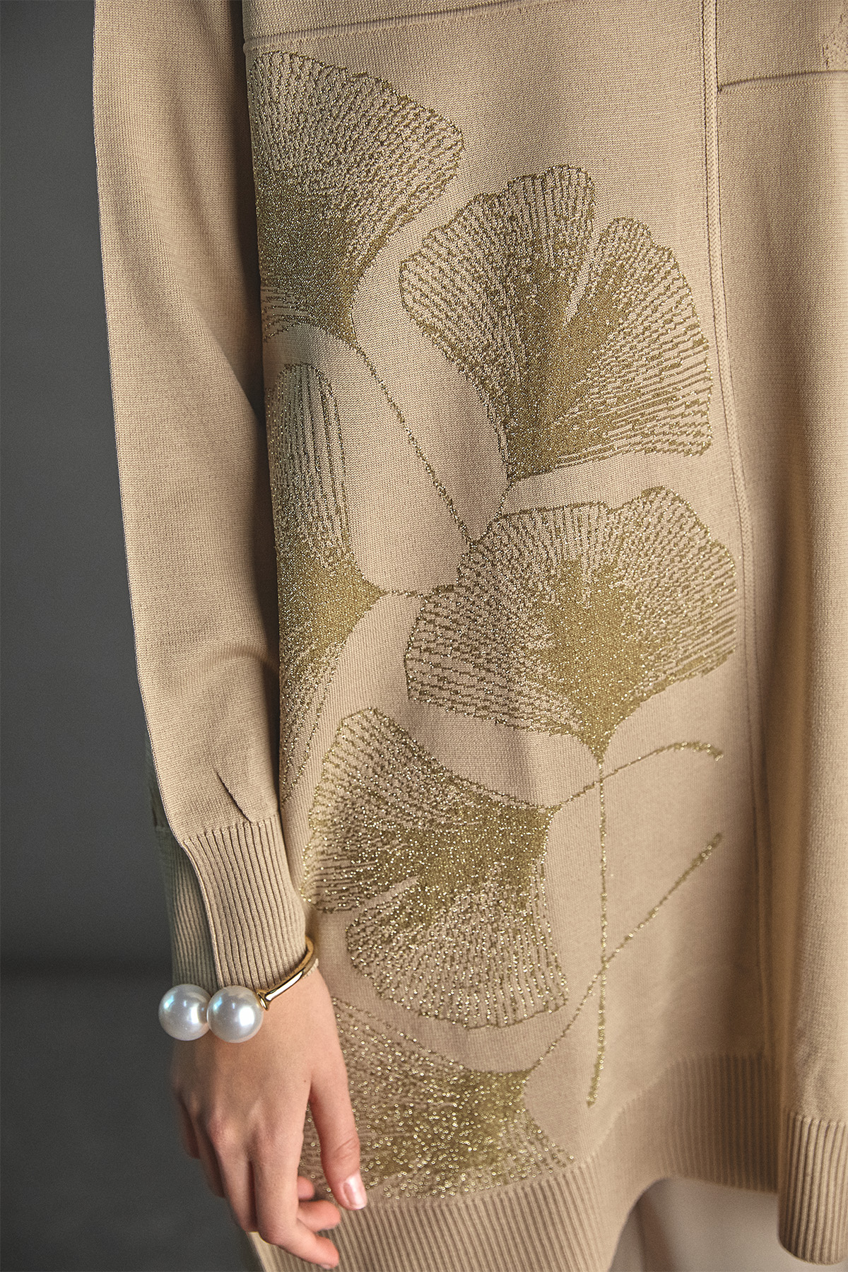 Yaprak Desenli Simli Triko Tunik