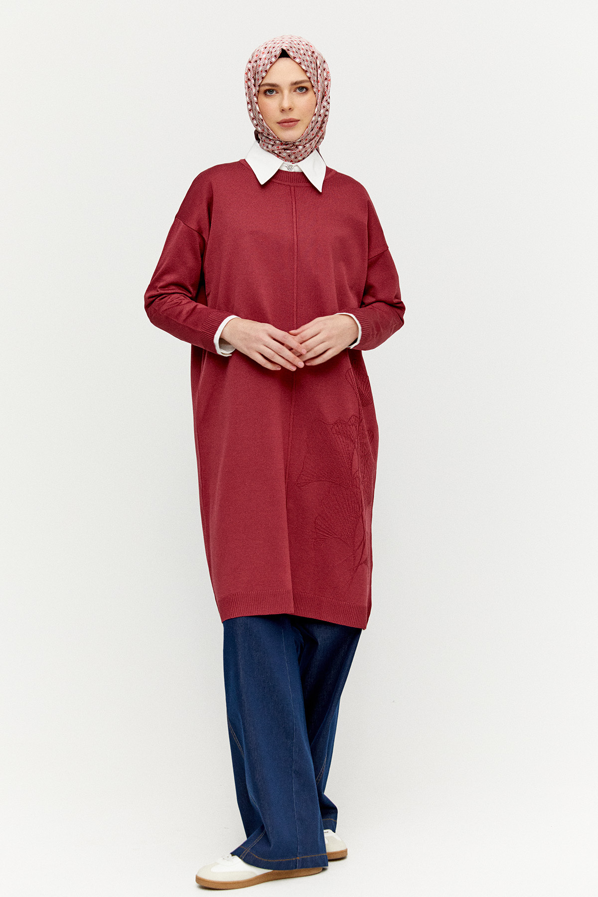 Yaprak Desenli Uzun Triko Tunik