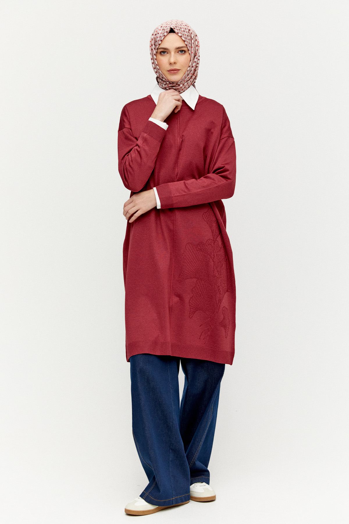 Yaprak Desenli Uzun Triko Tunik