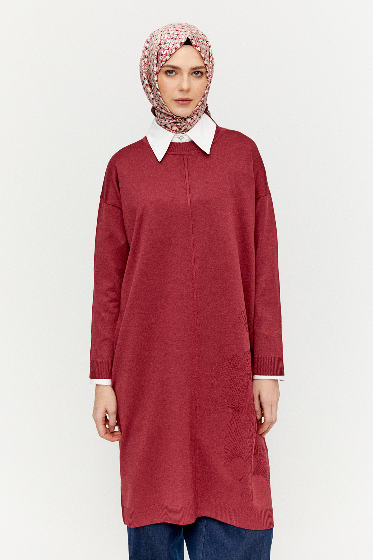 Yaprak Desenli Uzun Triko Tunik