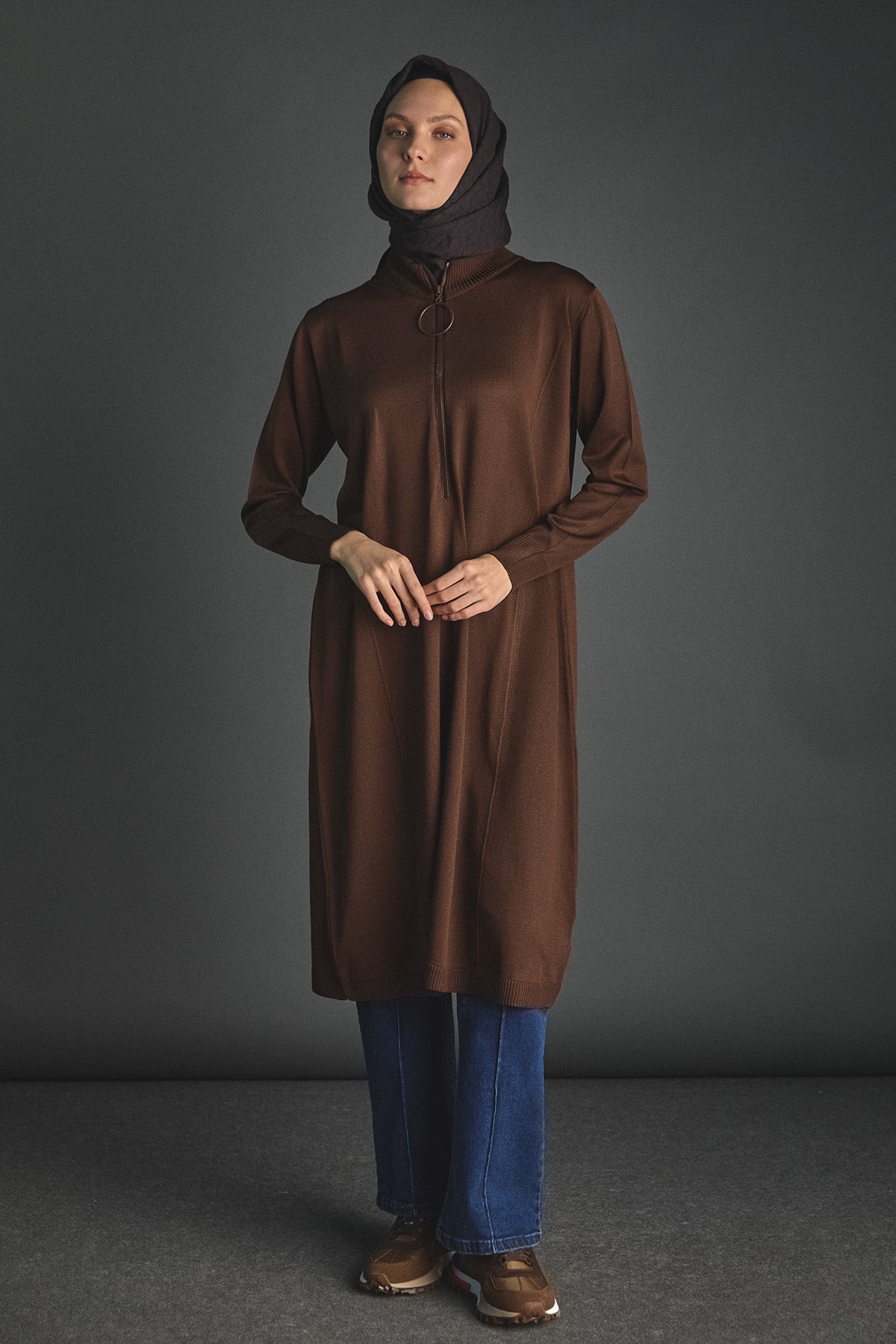 Yüksek Yakalı Uzun Triko Tunik, Tesettür Giyim