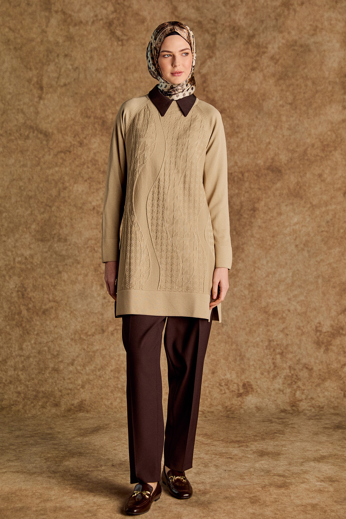 Kazayağı Desenli Reglan Kol Tunik