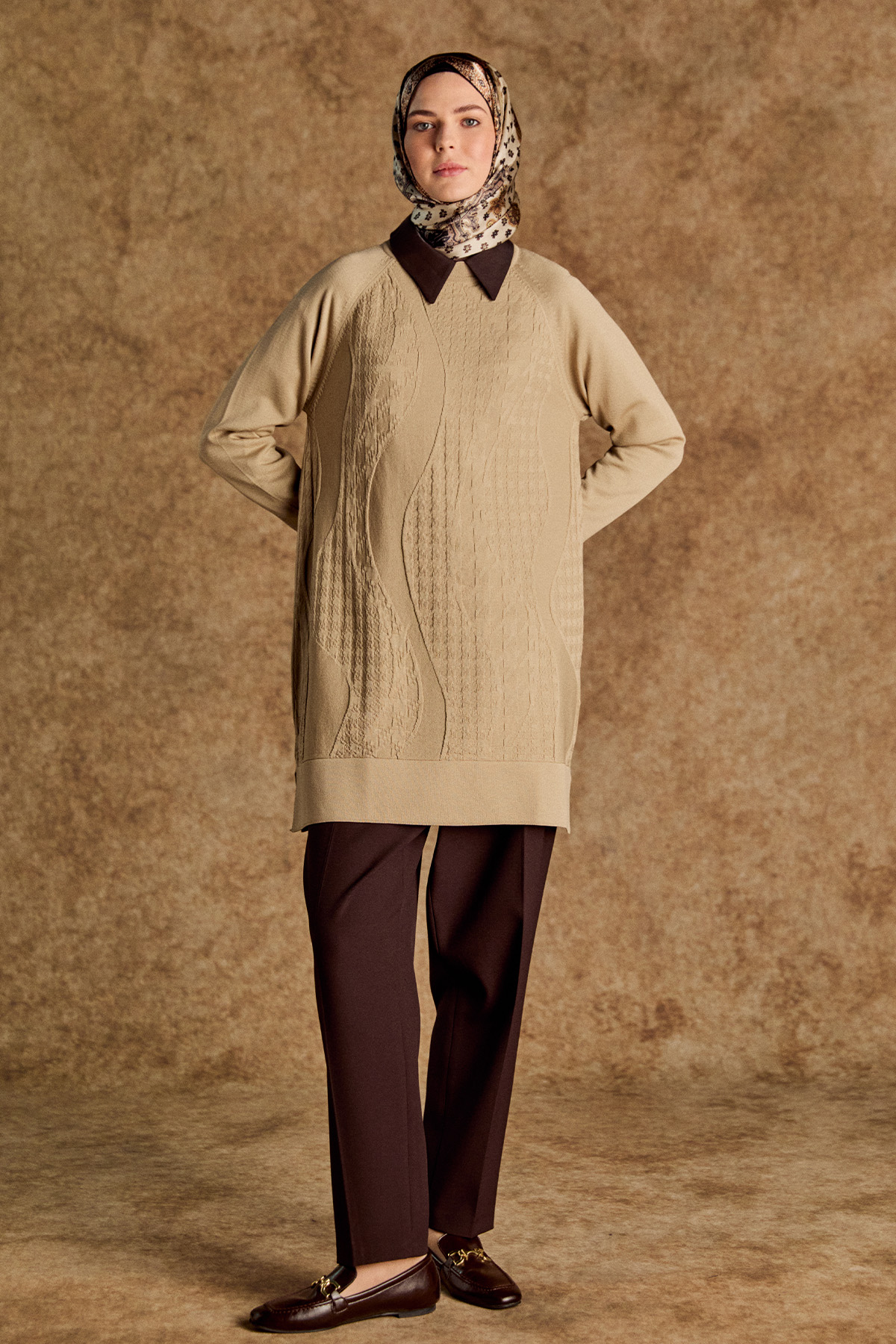 Kazayağı Desenli Reglan Kol Tunik