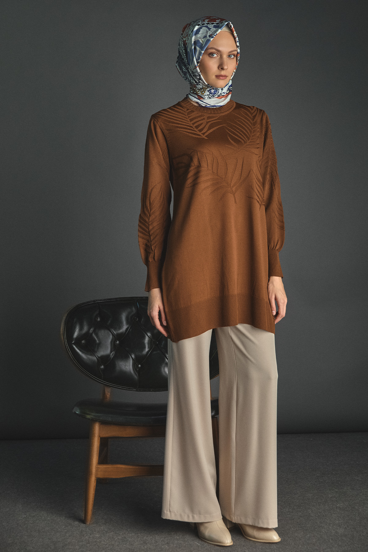 Yaprak Desenli Triko Tunik