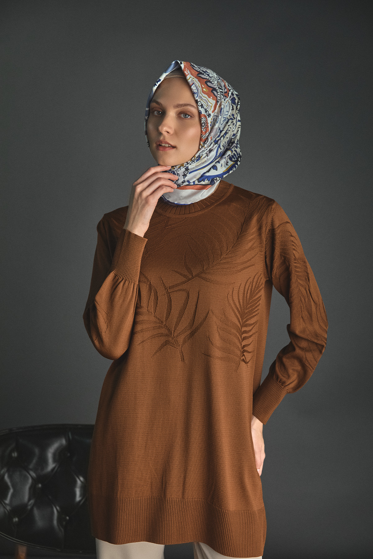 Yaprak Desenli Triko Tunik