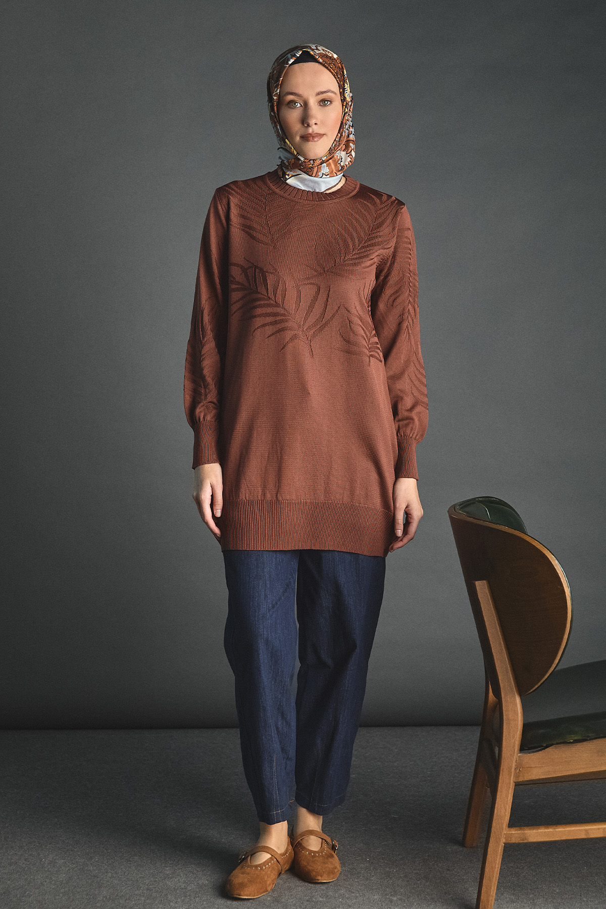 Yaprak Desenli Triko Tunik