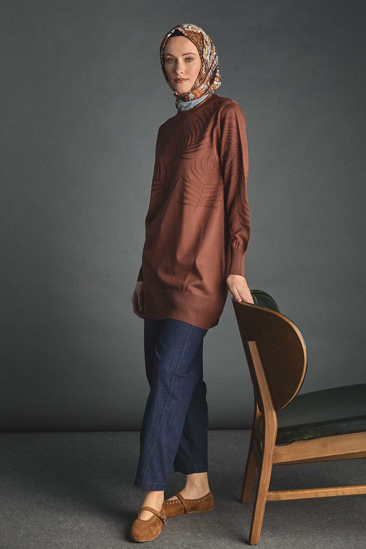 Yaprak Desenli Triko Tunik