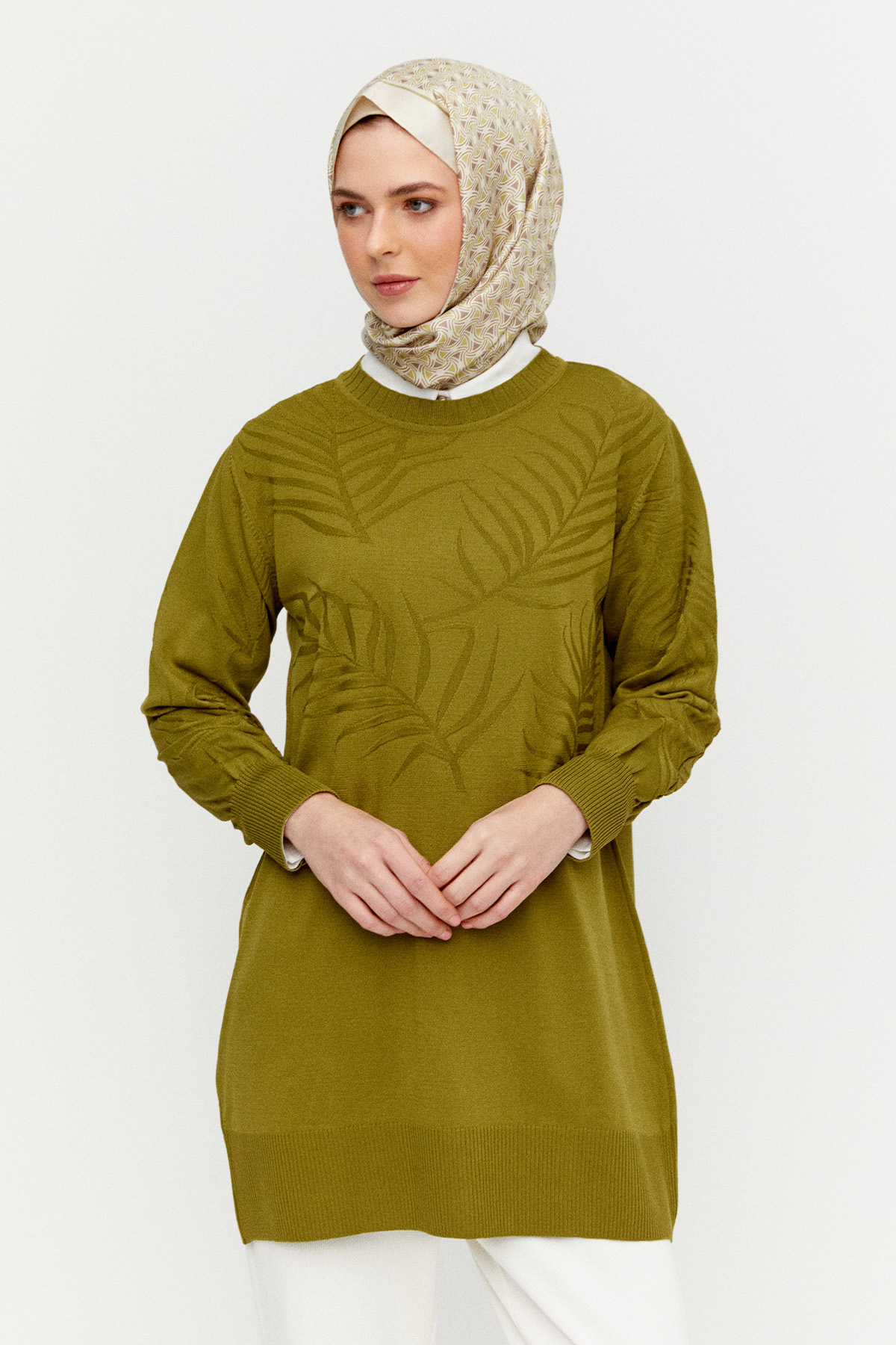 Yaprak Desenli Triko Tunik