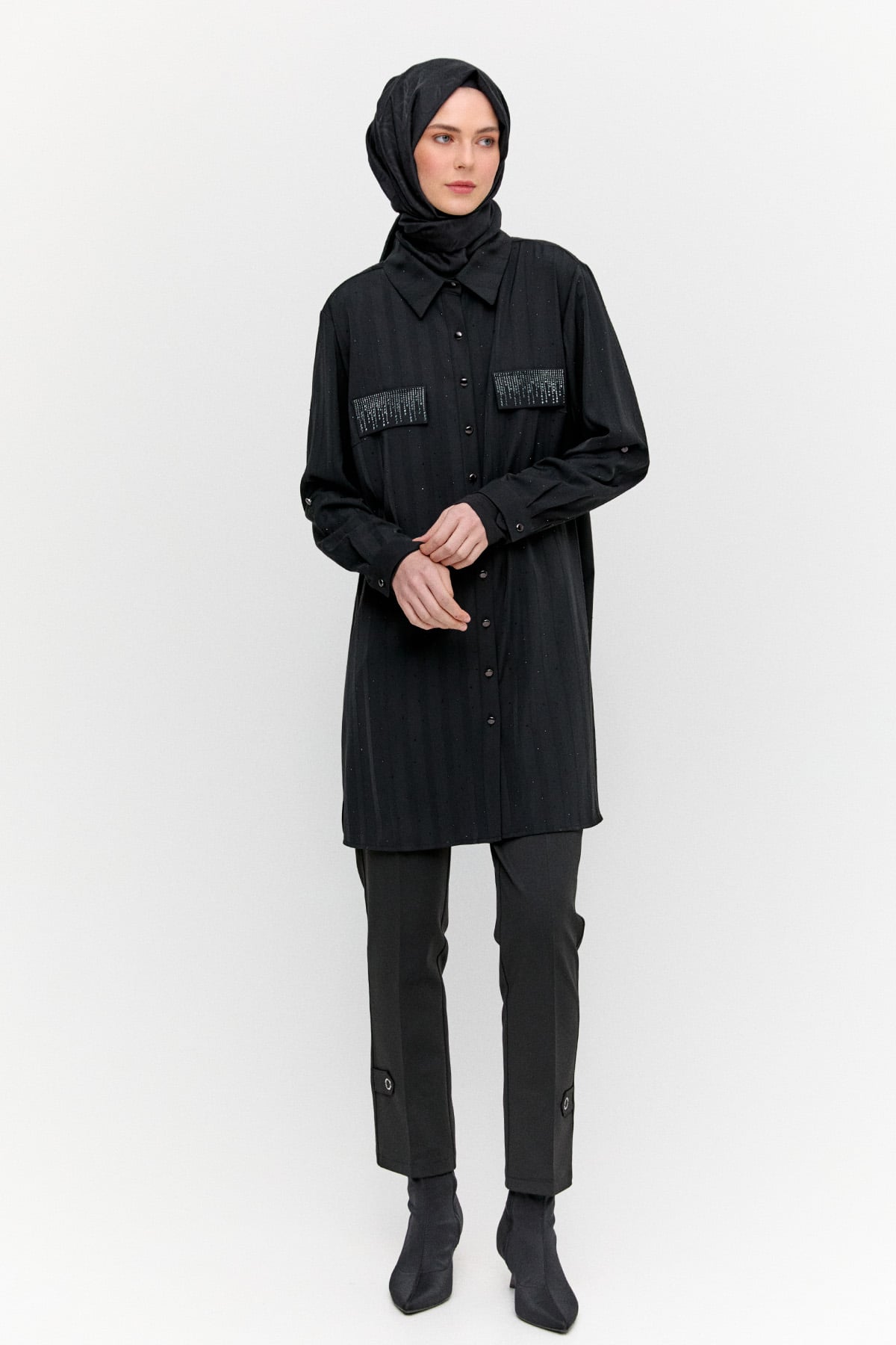 Taş Detaylı Çizgili Tunik, Tesettür Giyim