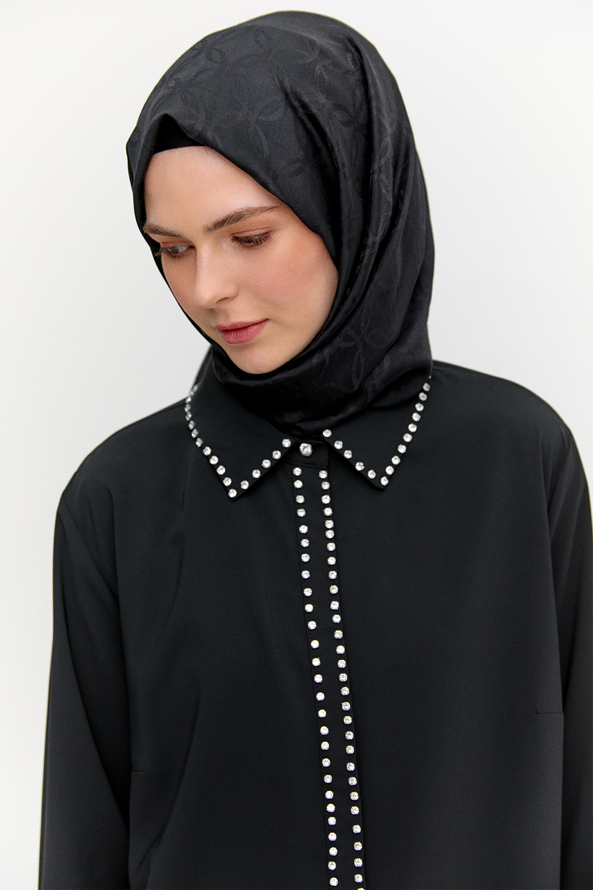 Taş Detaylı Gömlek Yaka Şifon Tunik, Tesettür Giyim