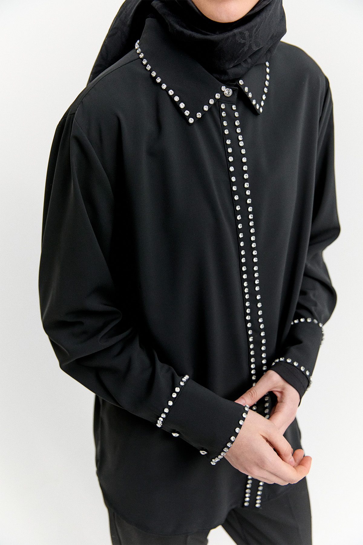 Taş Detaylı Gömlek Yaka Şifon Tunik, Tesettür Giyim