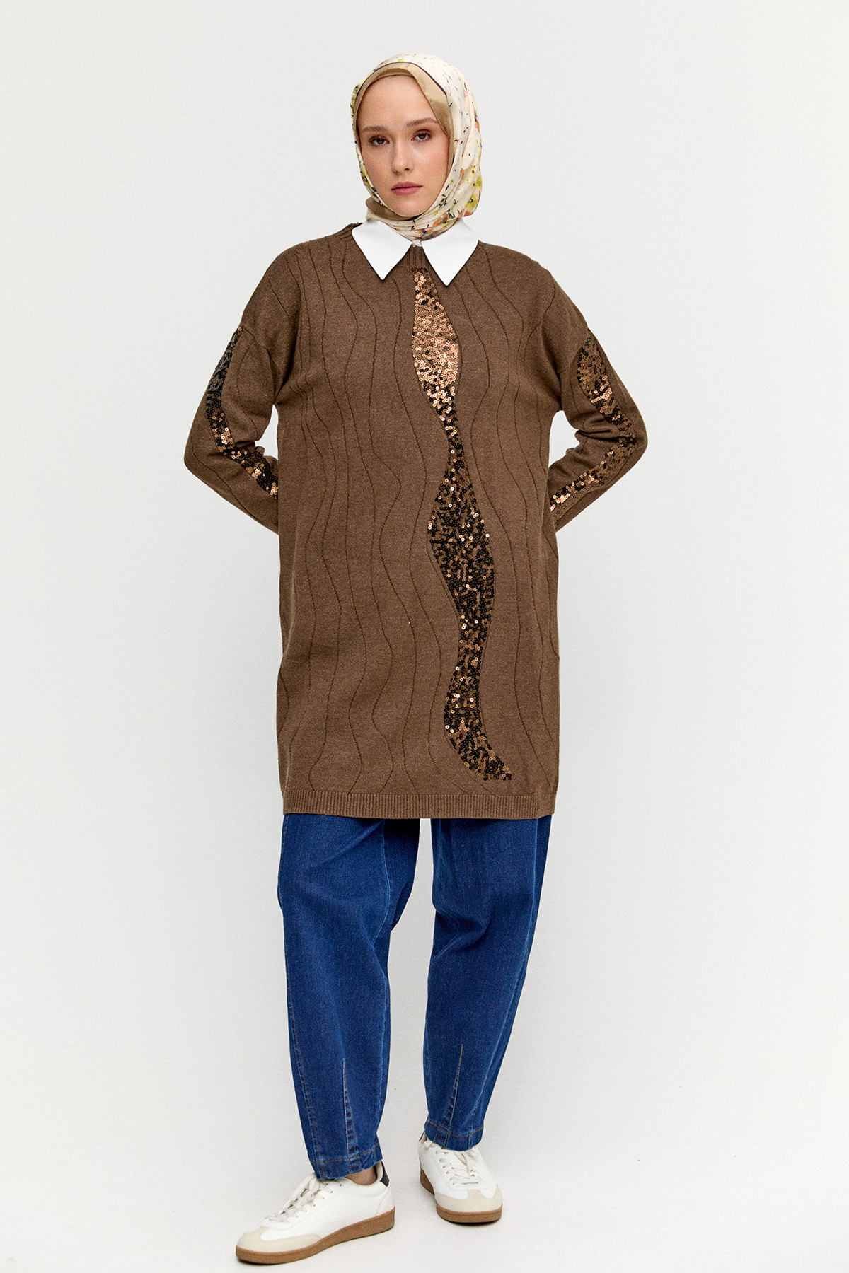 Payet Desenli Kuşaklı Triko Tunik, Tesettür Giyim