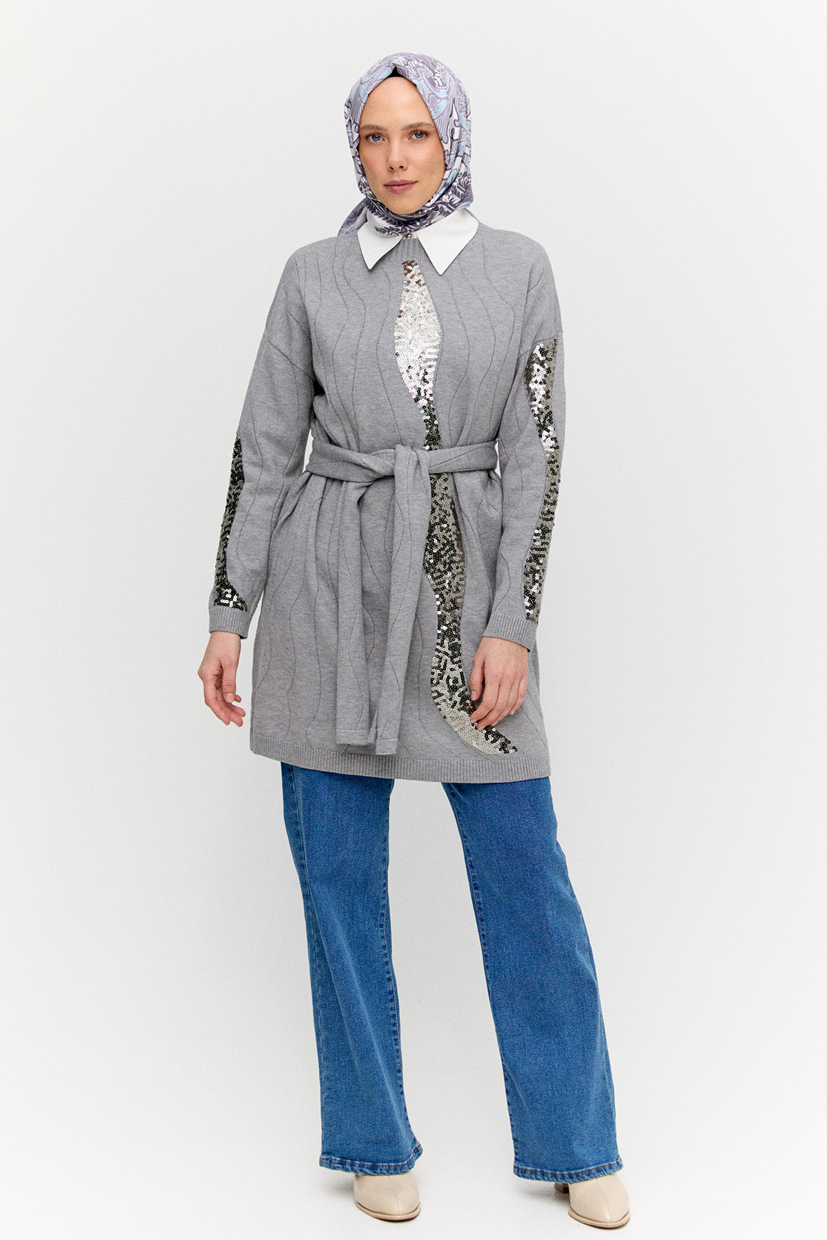 Payet Desenli Kuşaklı Triko Tunik, Tesettür Giyim