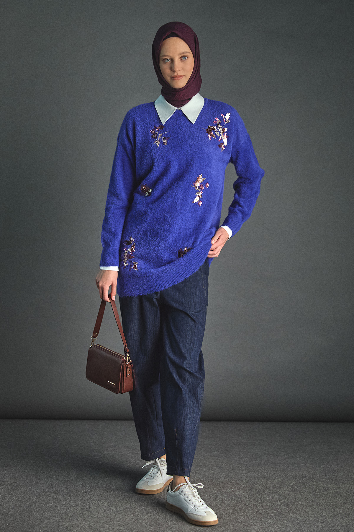 Pul payet Boncuk Çiçekli Triko Tunik