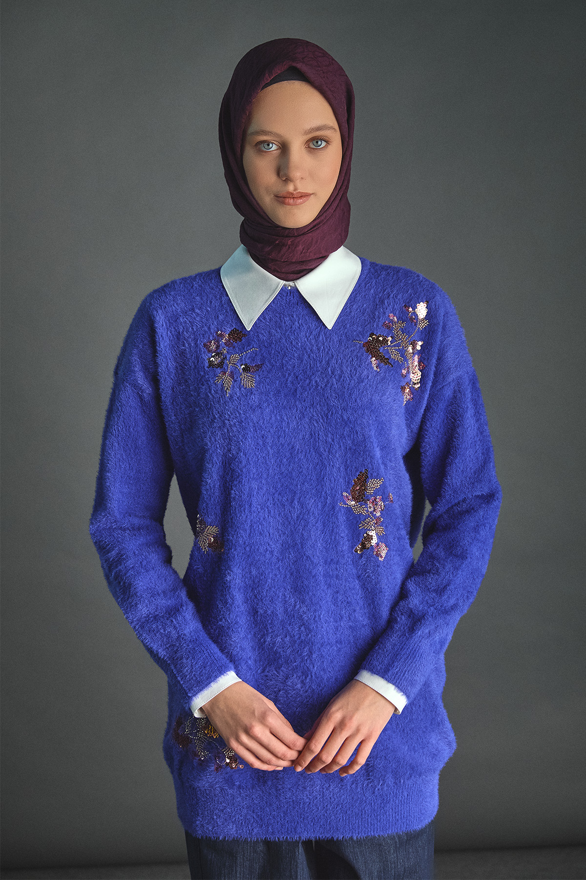 Pul payet Boncuk Çiçekli Triko Tunik