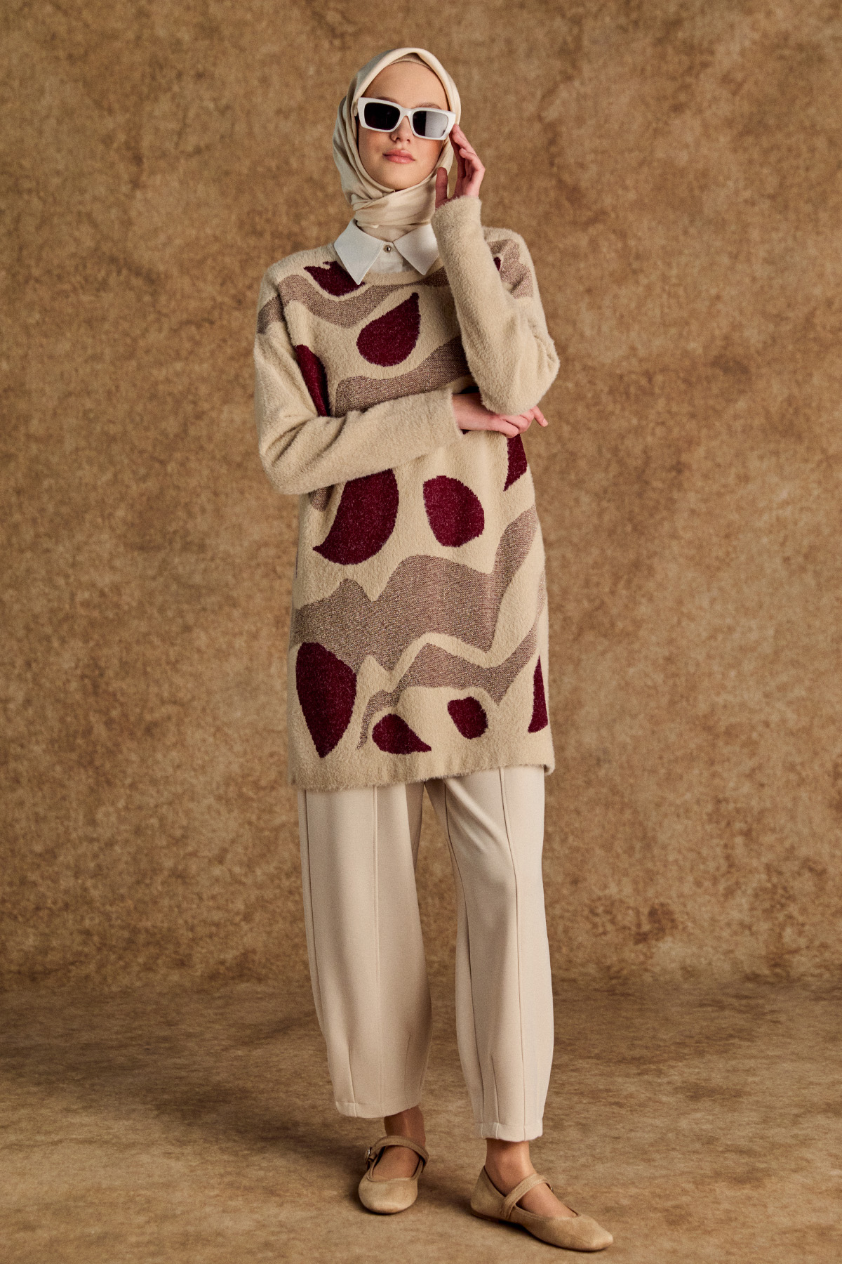 Desenli Yuvarlak Yakalı Triko Tunik