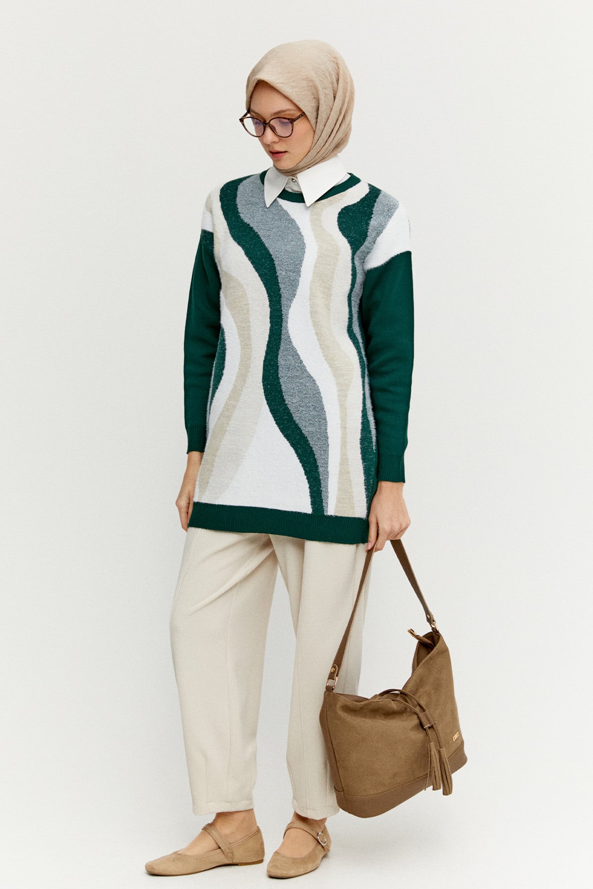 Desenli Ribanalı Triko Tunik