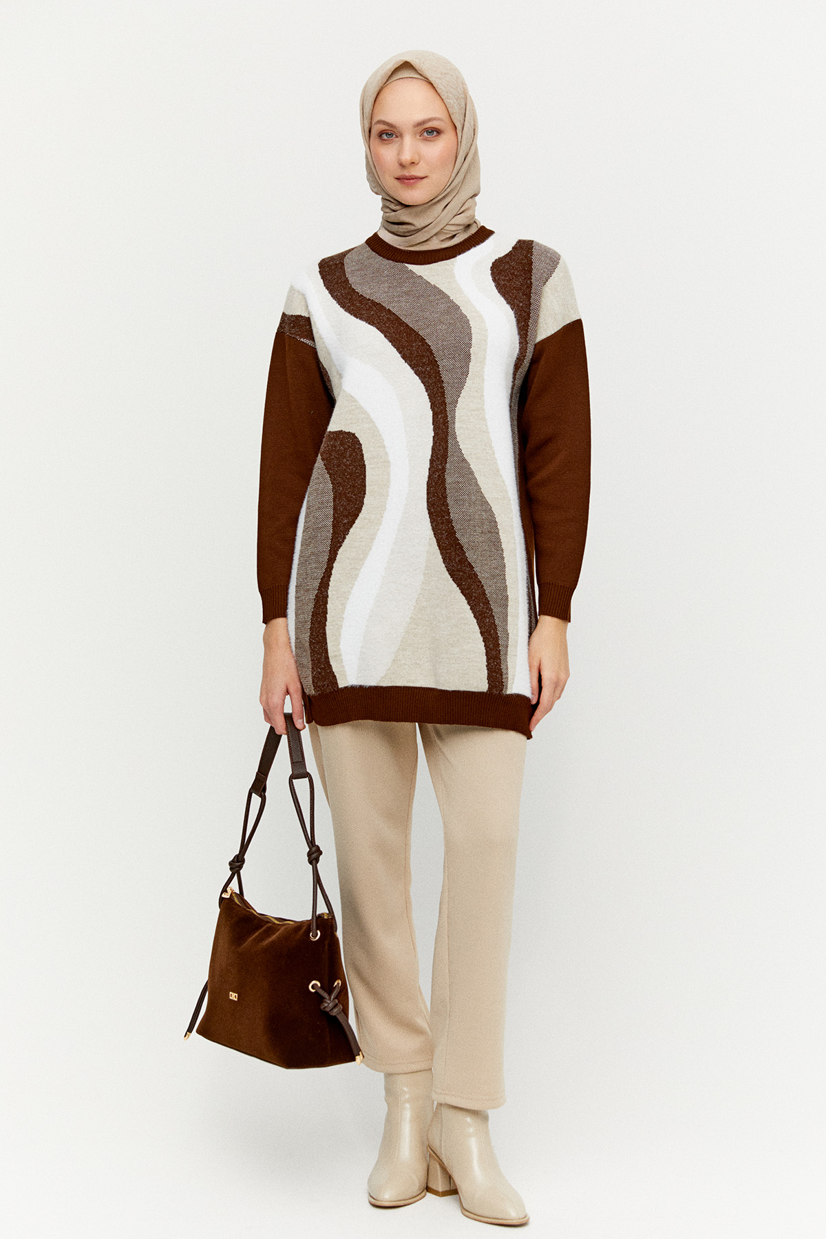 Desenli Ribanalı Triko Tunik