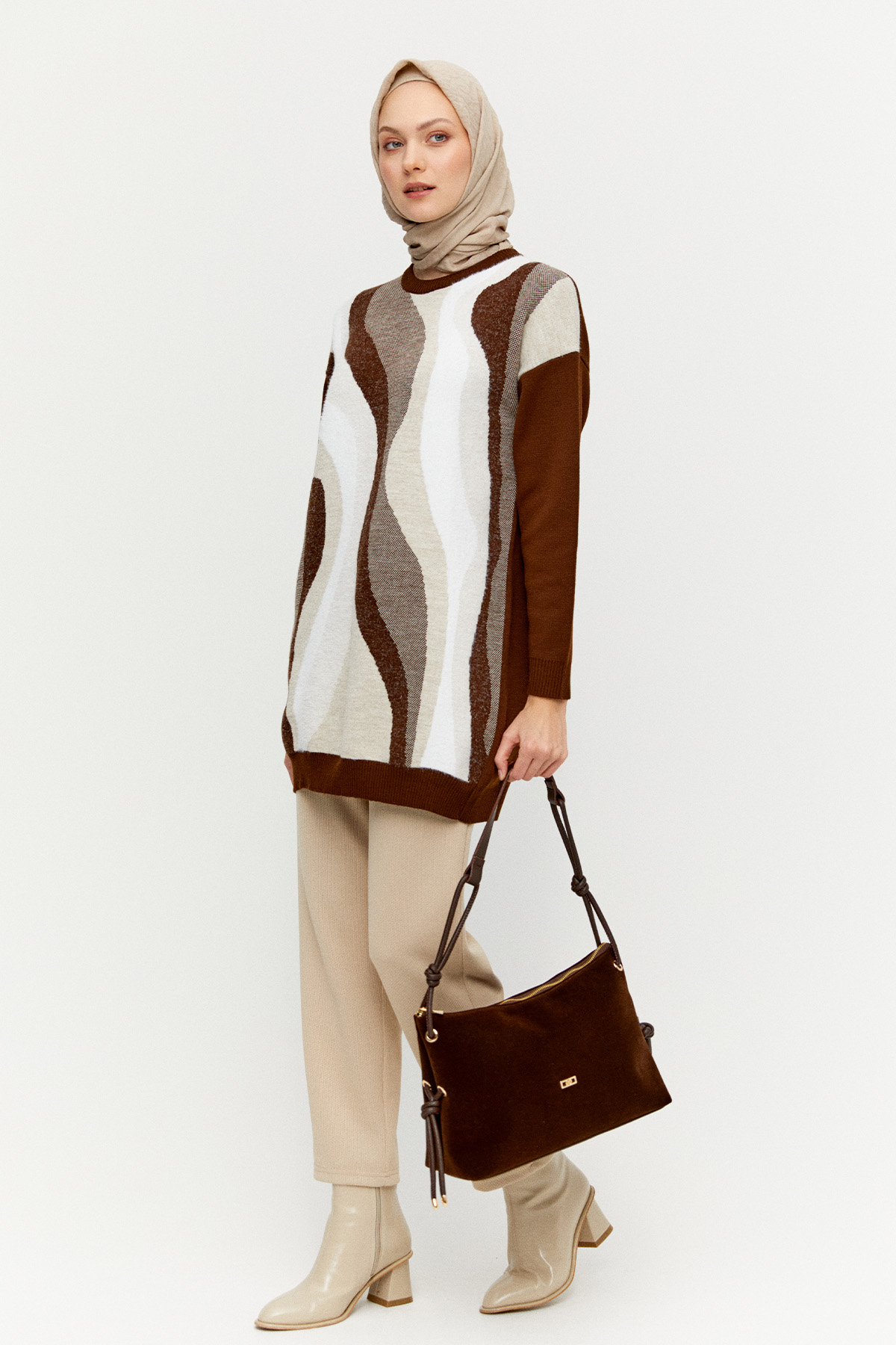 Desenli Ribanalı Triko Tunik