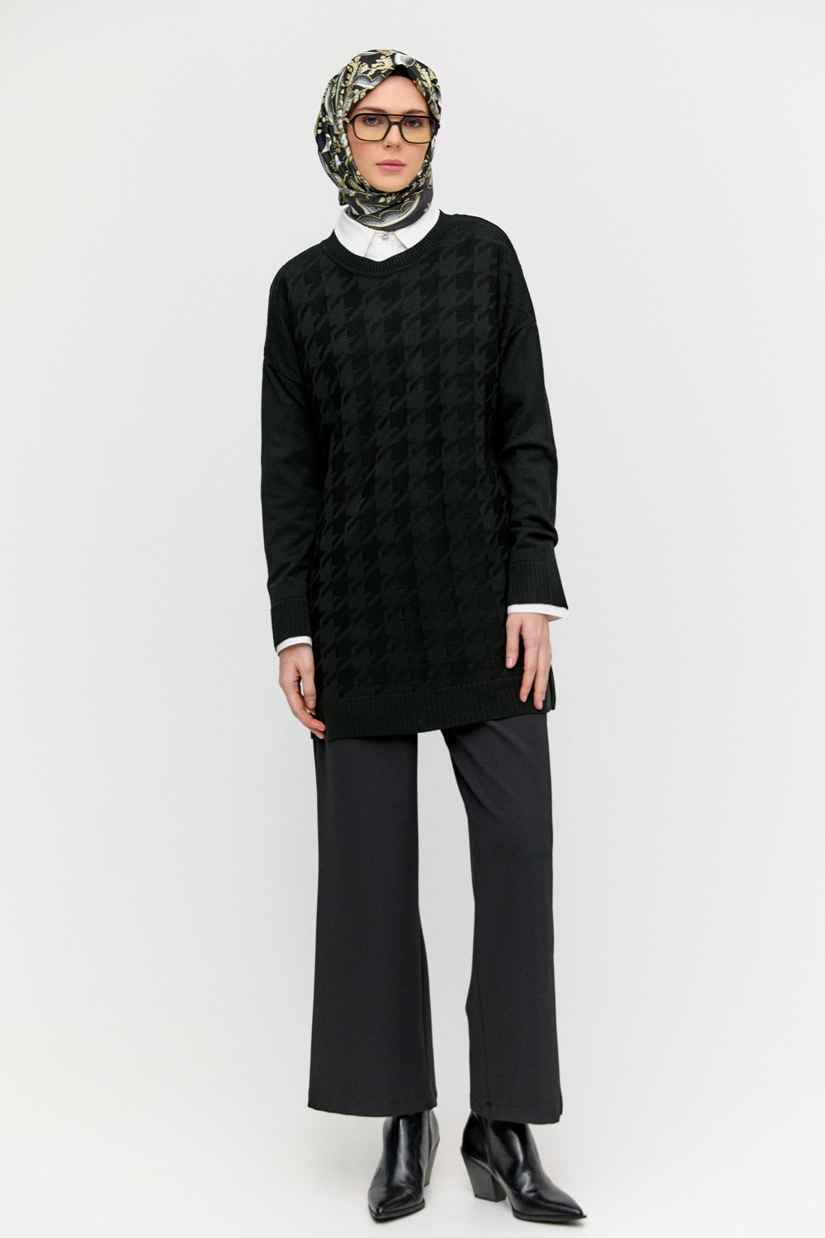 Kaz Ayağı Desenli Triko Tunik, Tesettür Giyim