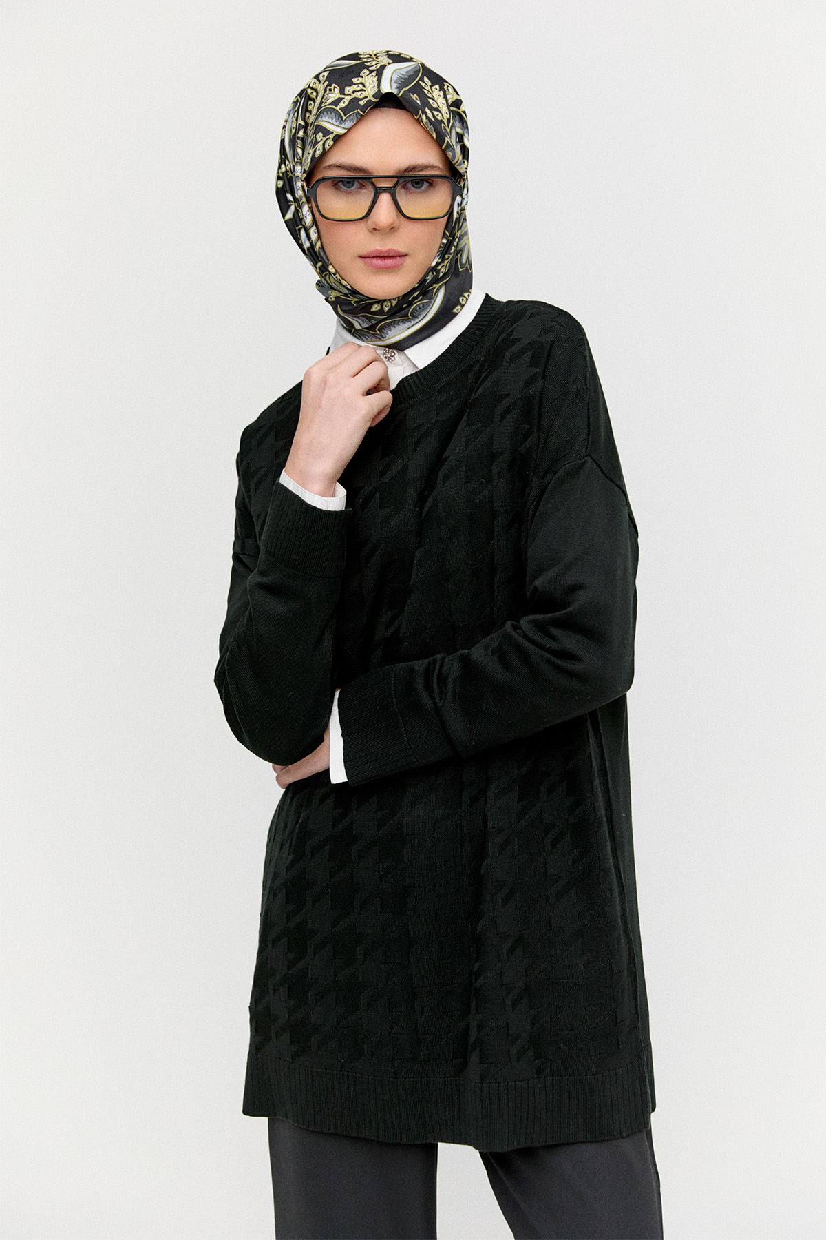 Kaz Ayağı Desenli Triko Tunik, Tesettür Giyim